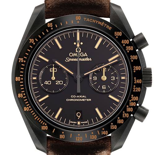 The Omega Speedmaster 311.92.44.51.01.006 Men's Ceramic Black Dial watch is shown from the front, highlighting the dial, tachymeter bezel, and pushers.