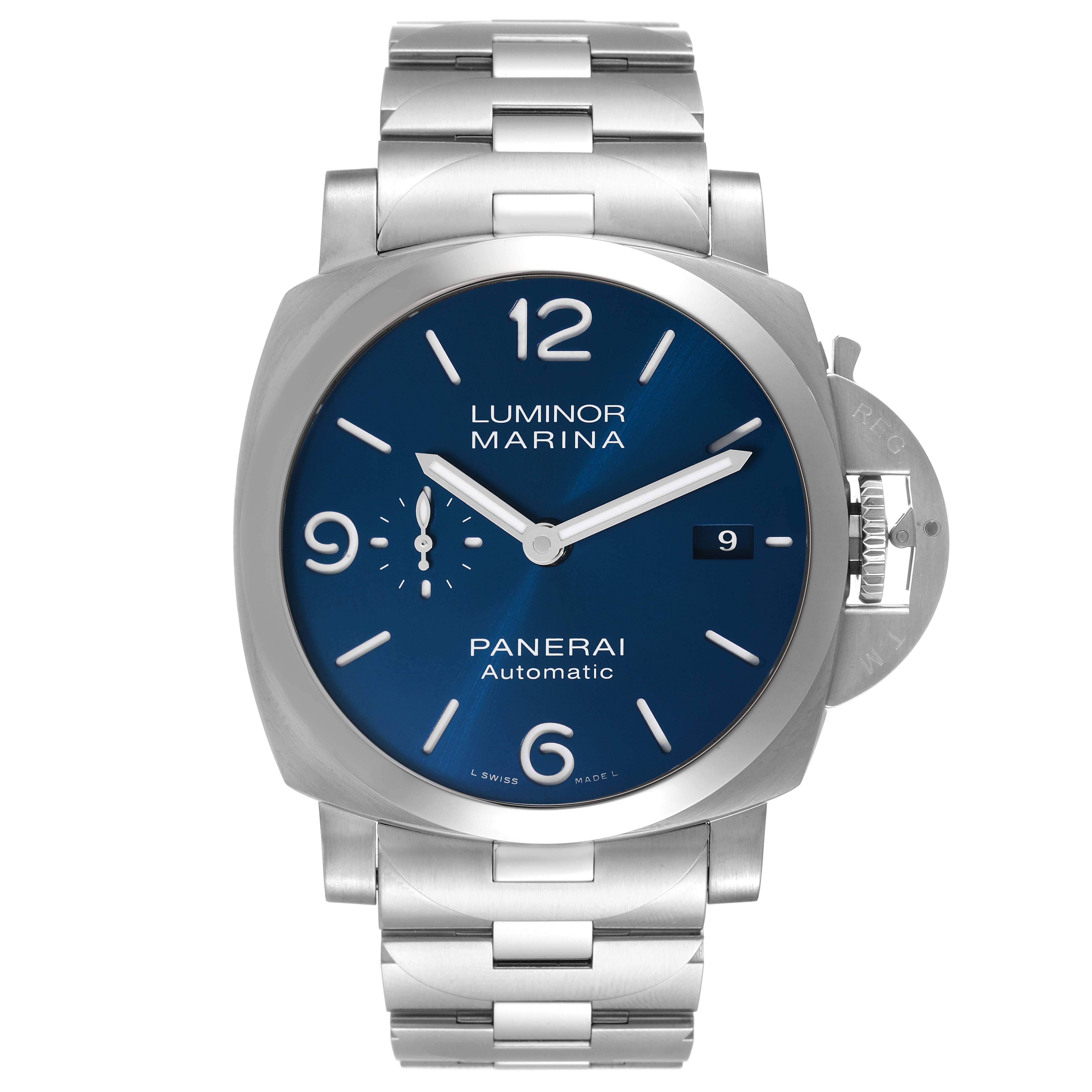This image shows a frontal view of the Panerai Luminor PAM01316 Men's Stainless Steel Blue Dial PAM01316 Men's Stainless Steel Blue Dial Marina watch, highlighting its blue dial, stainless steel case, and bracelet.