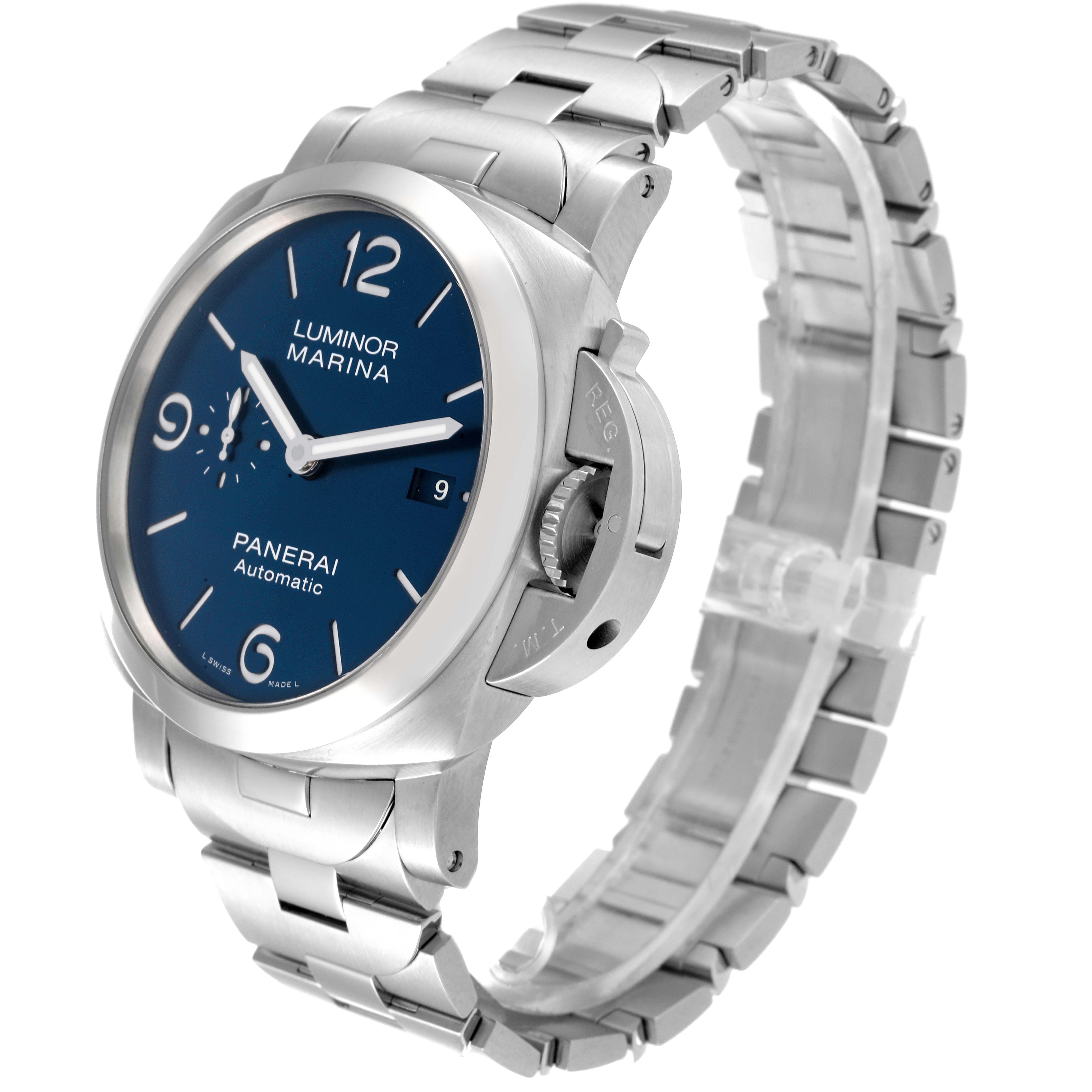 The image shows a Panerai Luminor PAM01316 Men's Stainless Steel Blue Dial PAM01316 Men's Stainless Steel Blue Dial watch at a three-quarter angle, highlighting the watch face, case, and metal bracelet.