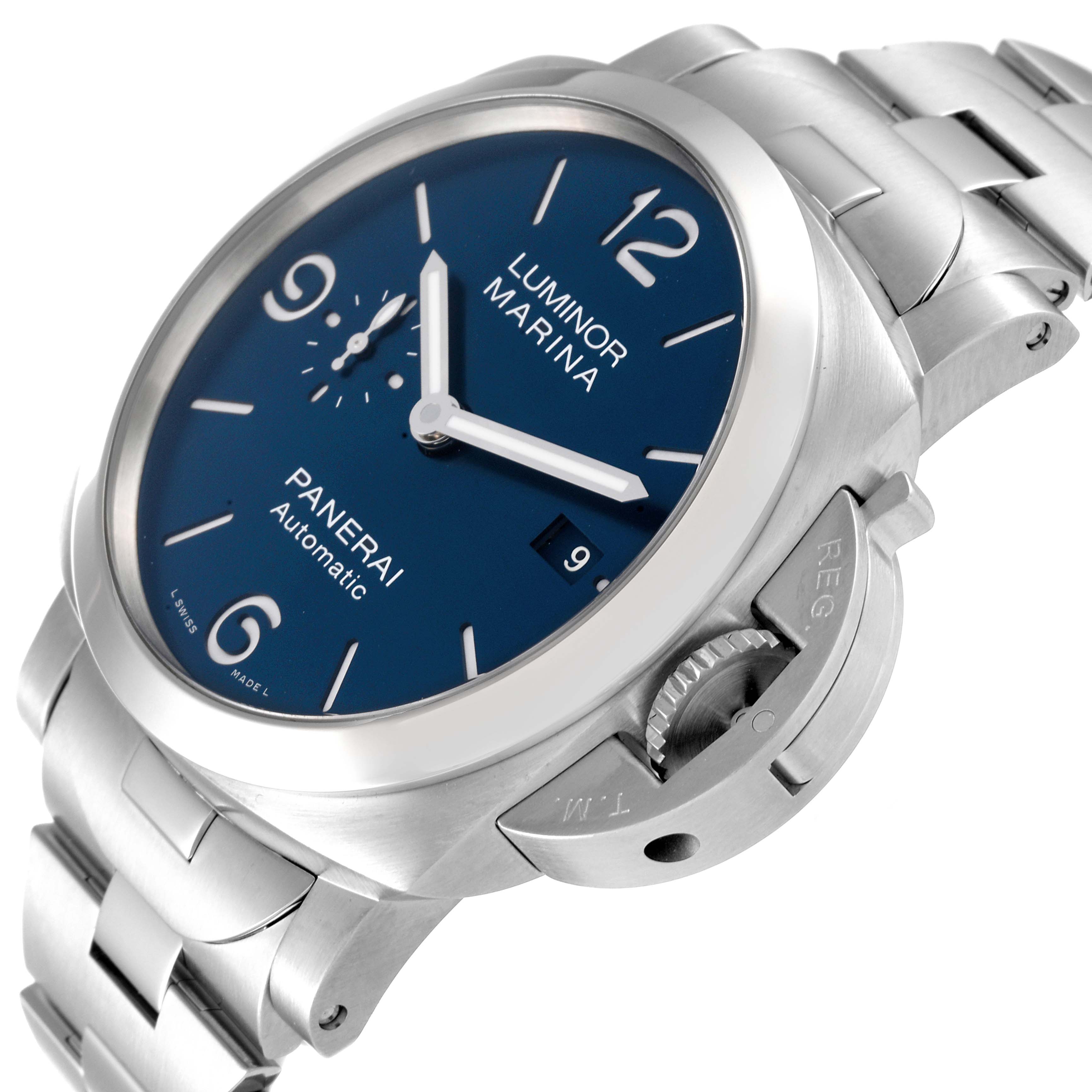 The Panerai Luminor PAM01316 Men's Stainless Steel Blue Dial PAM01316 Men's Stainless Steel Blue Dial watch is shown at an oblique angle, highlighting its crown guard, dial, and band.