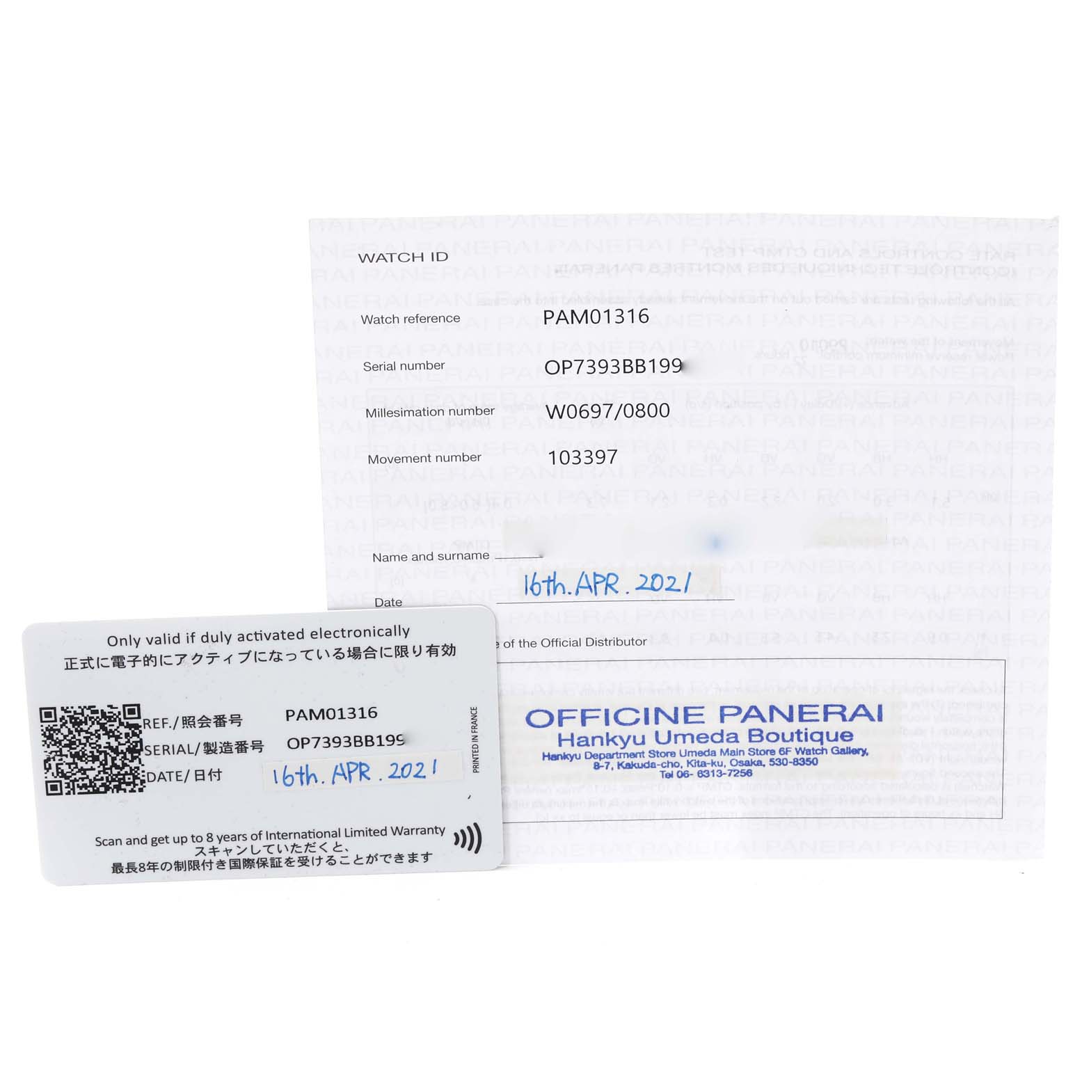 The image shows the warranty card and certification paperwork for a Panerai Luminor PAM01316 Men's Stainless Steel Blue Dial PAM01316 Men's Stainless Steel Blue Dial model PAM01316.