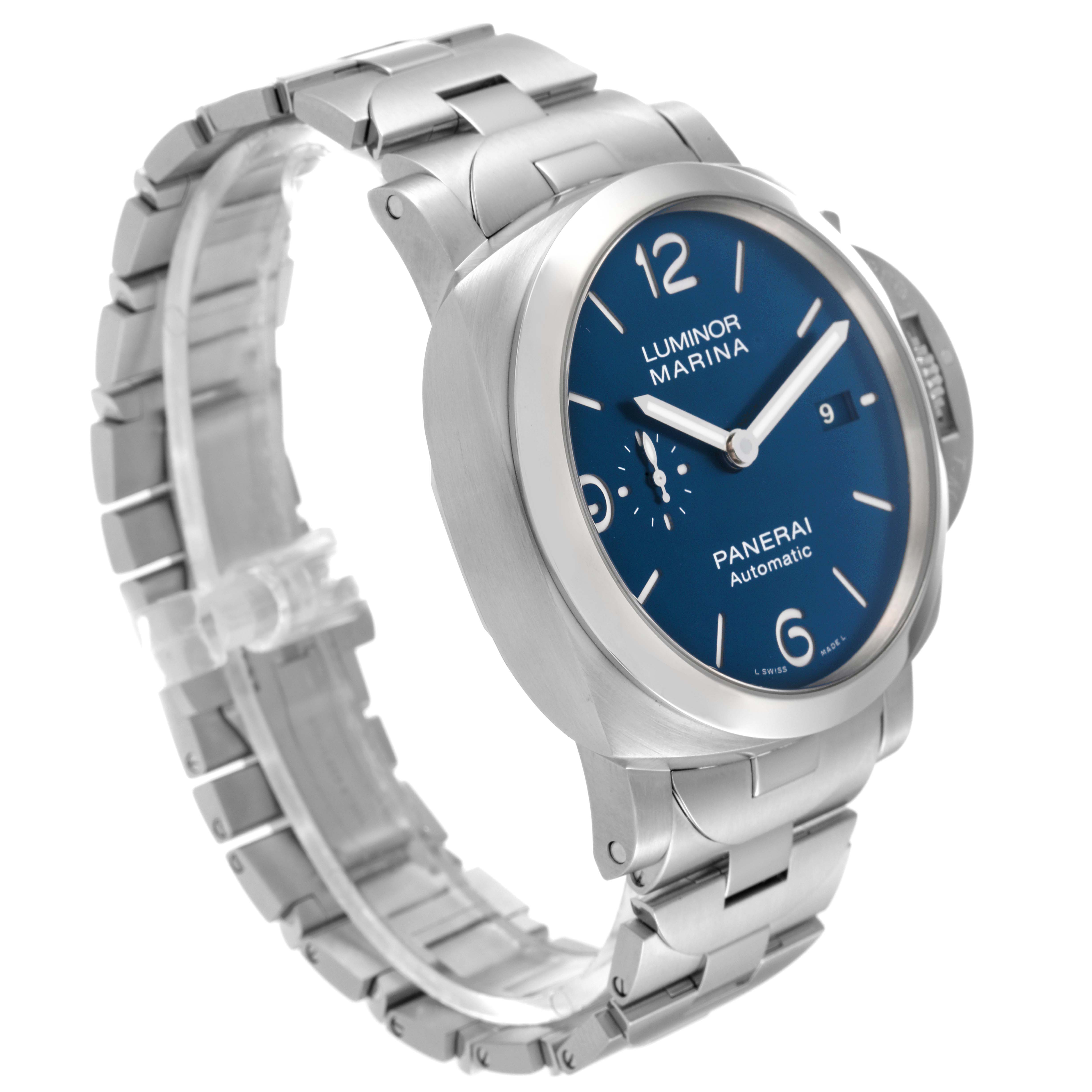 The image shows a Panerai Luminor PAM01316 Men's Stainless Steel Blue Dial PAM01316 Men's Stainless Steel Blue Dial watch at a three-quarter view angle, highlighting the blue dial, metal bracelet, and crown guard.