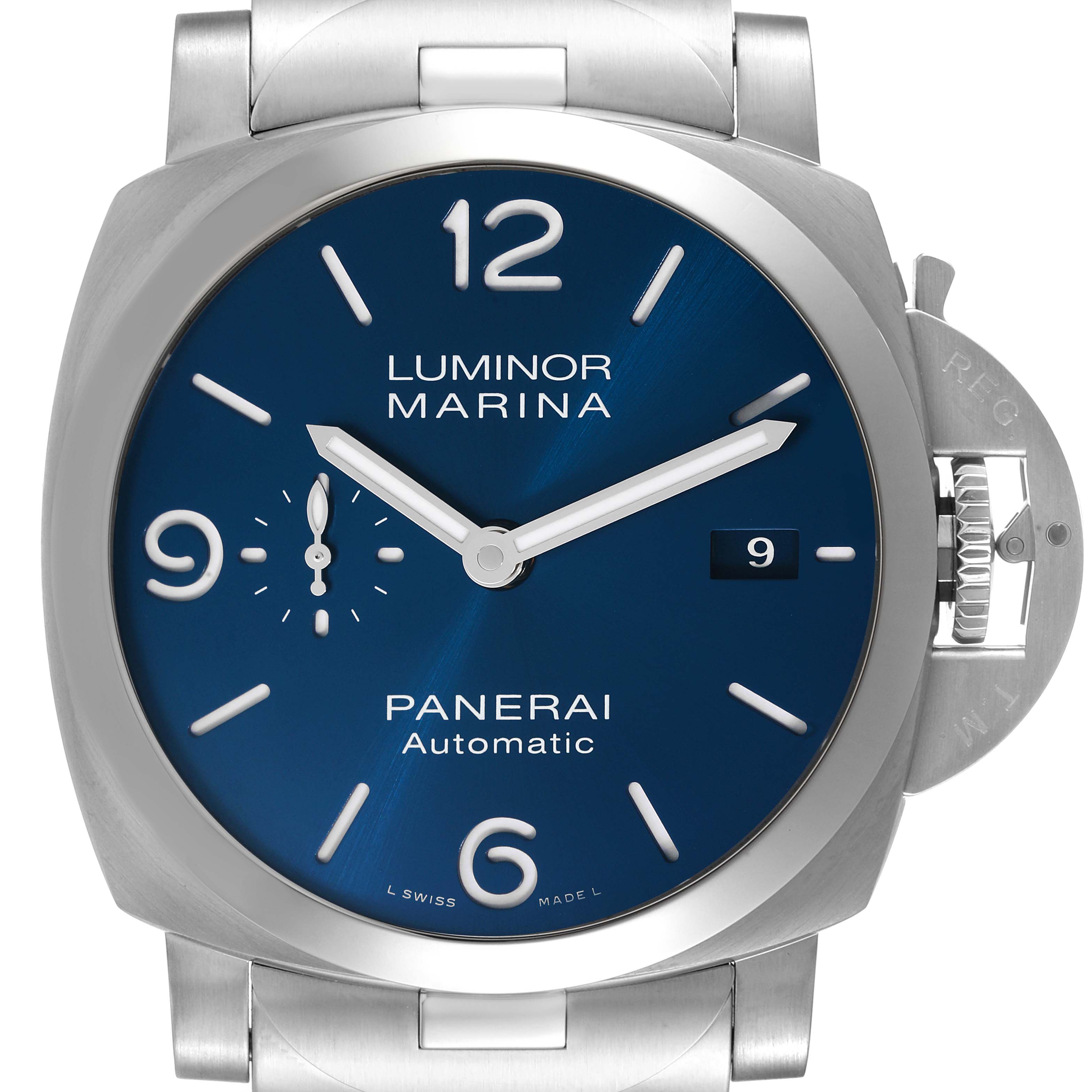 The image shows a frontal view of a Panerai Luminor PAM01316 Men's Stainless Steel Blue Dial PAM01316 Men's Stainless Steel Blue Dial Marina watch with a blue dial and silver case.