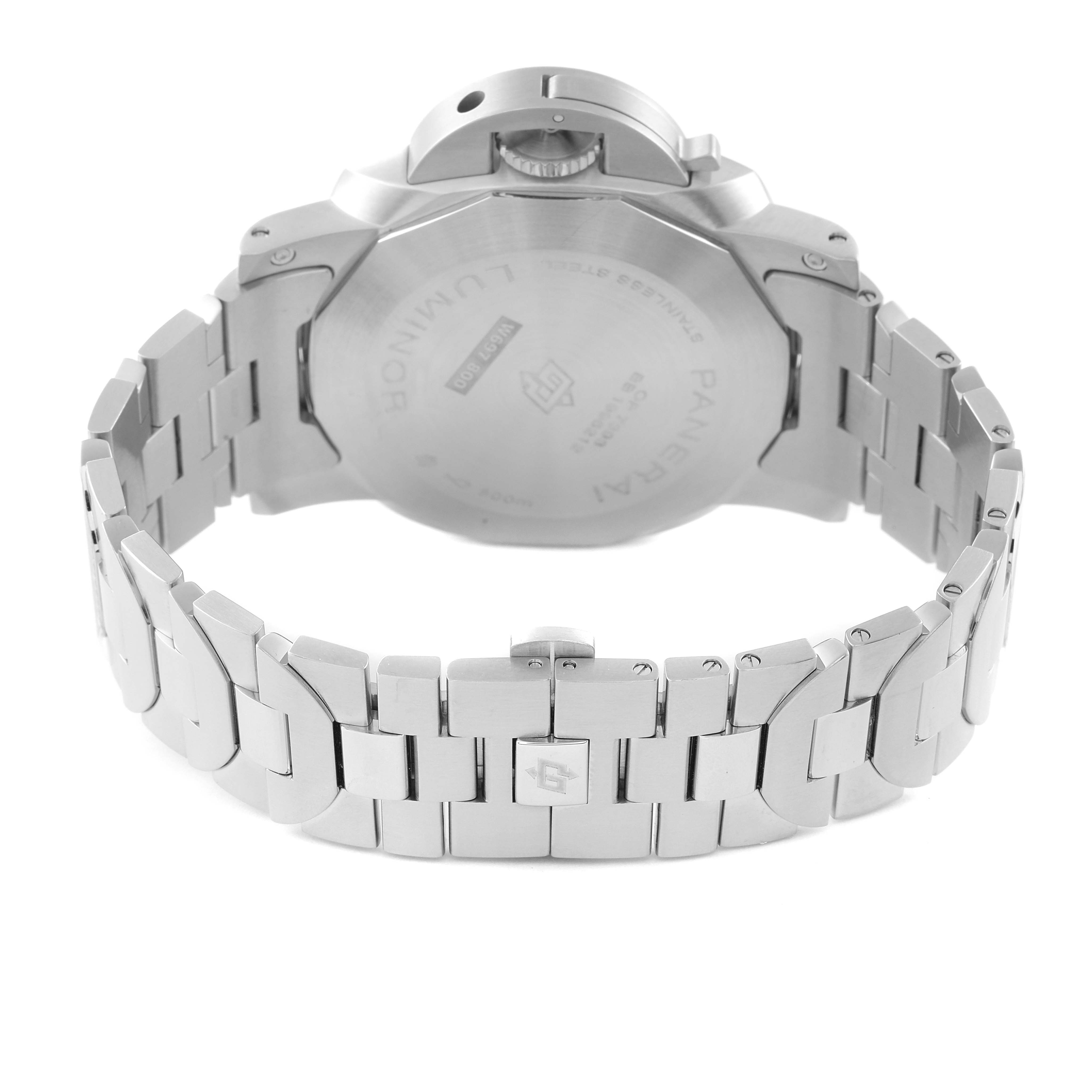 The image shows the back view of a Panerai Luminor PAM01316 Men's Stainless Steel Blue Dial PAM01316 Men's Stainless Steel Blue Dial watch, highlighting the stainless steel case back and bracelet.