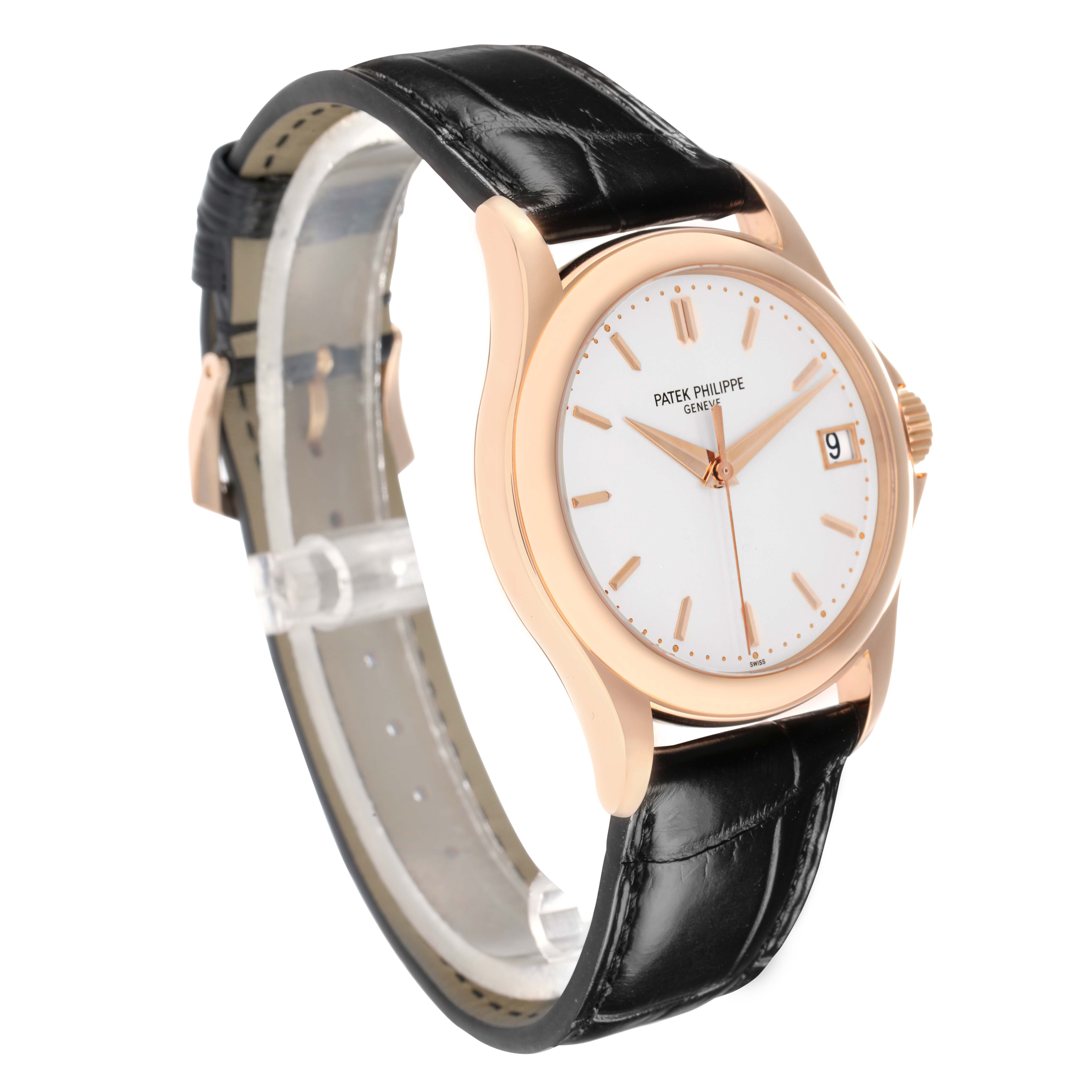 The Patek Philippe Calatrava 5127R Men
s Rose Gold Silver Dial watch is shown at a three-quarter angle, highlighting the dial, rose gold case, and black leather strap.