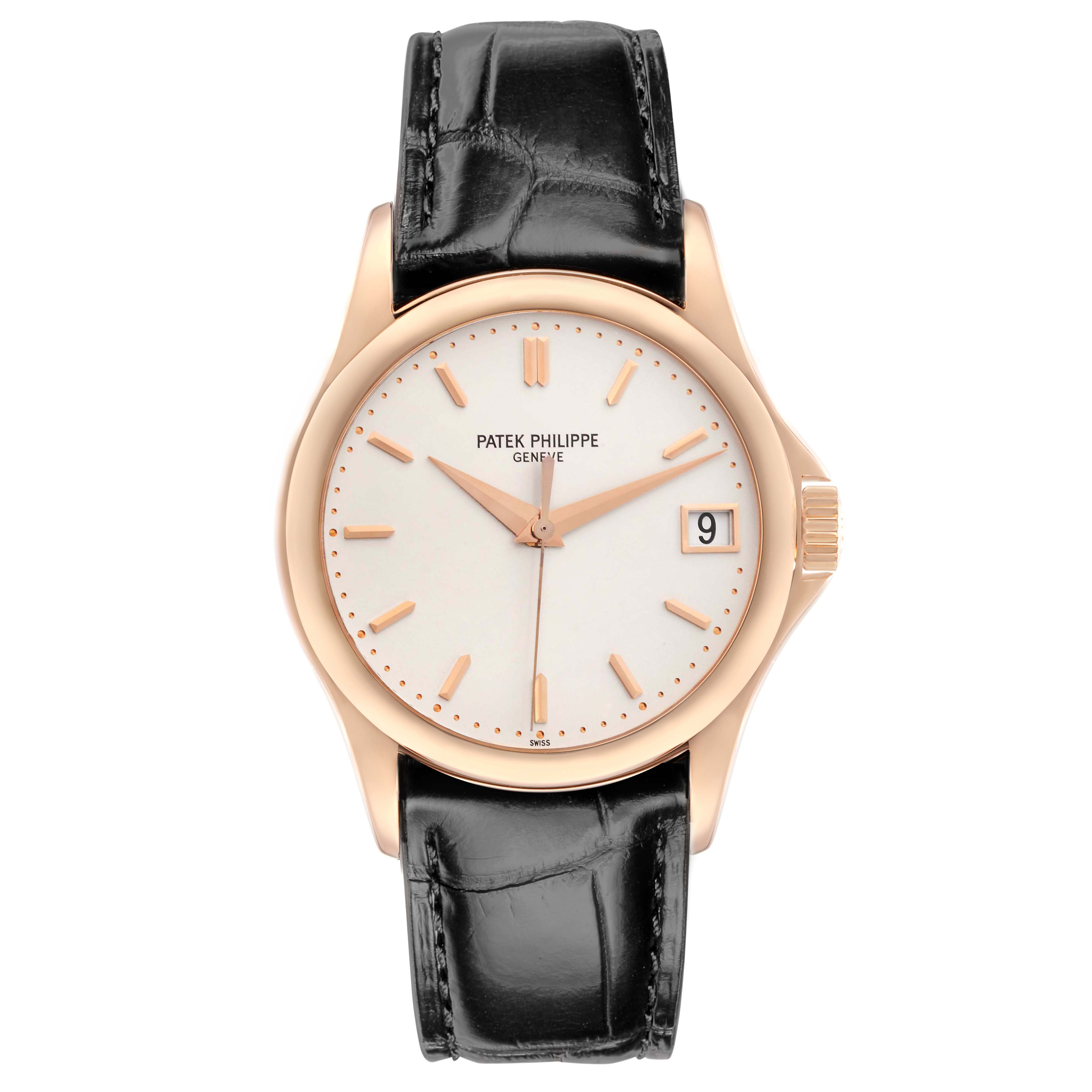 The Patek Philippe Calatrava 5127R Men
s Rose Gold Silver Dial watch is shown from the front, displaying the dial, hands, date window, and leather strap.