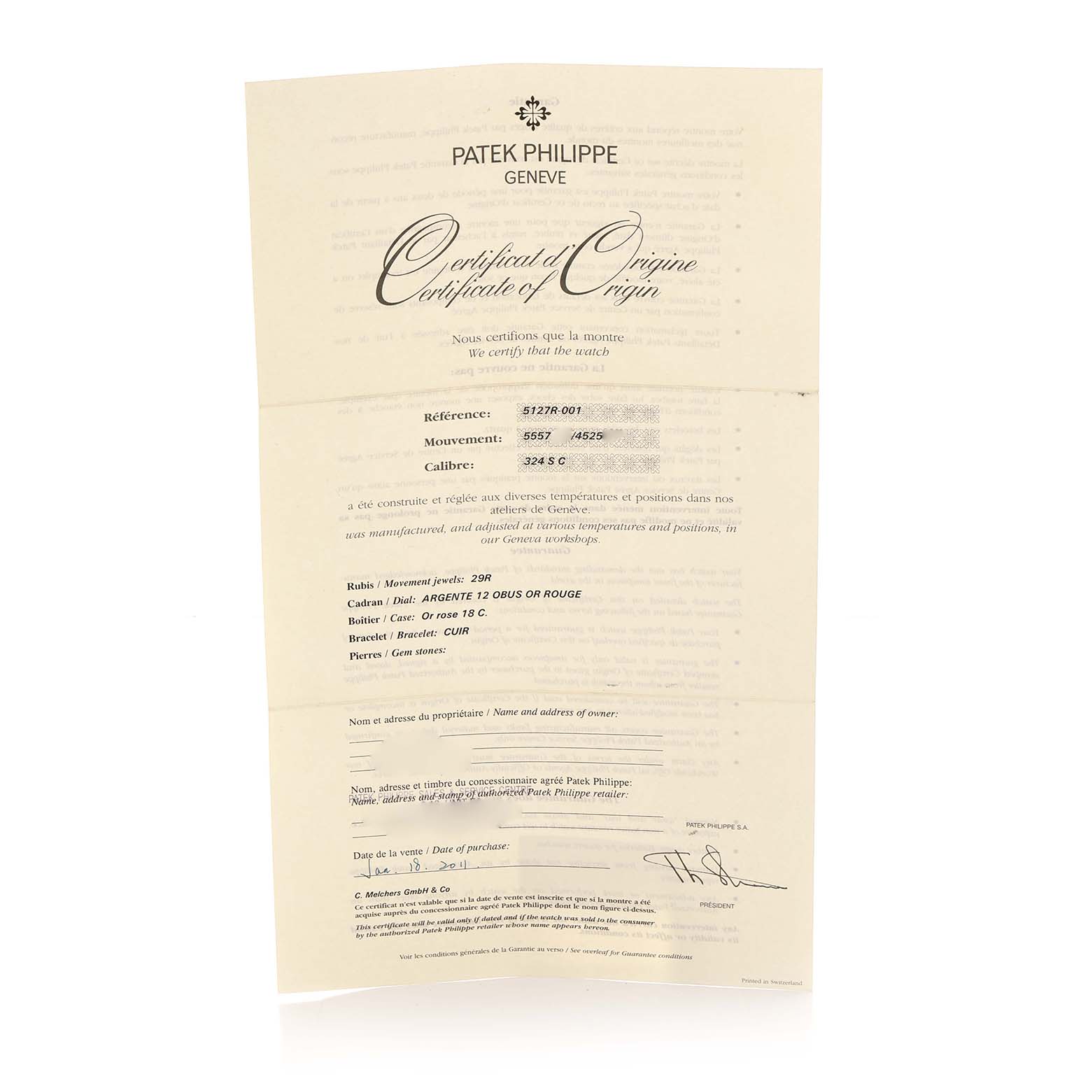 The image shows the Certificate of Origin for a Patek Philippe Calatrava 5127R Men
s Rose Gold Silver Dial watch, detailing reference and movement numbers.