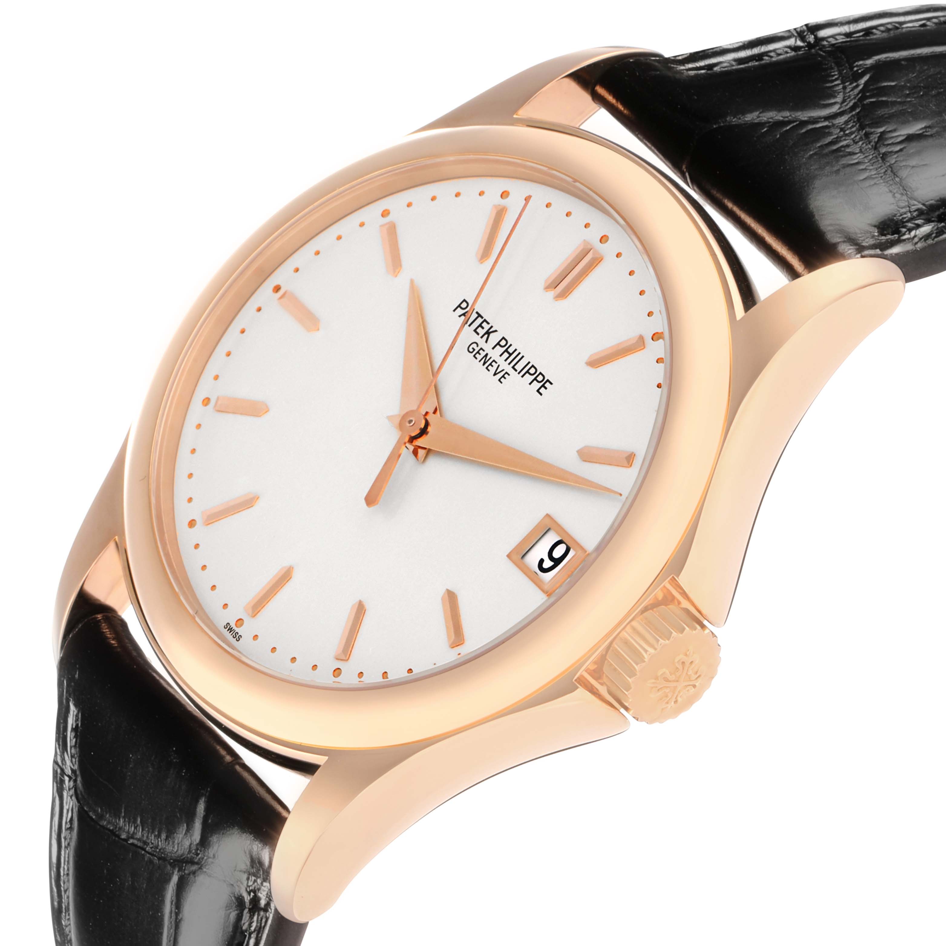 The Patek Philippe Calatrava 5127R Men
s Rose Gold Silver Dial watch is shown at a side angle highlighting the rose gold case, crown, dial, and date window, with a black leather strap.