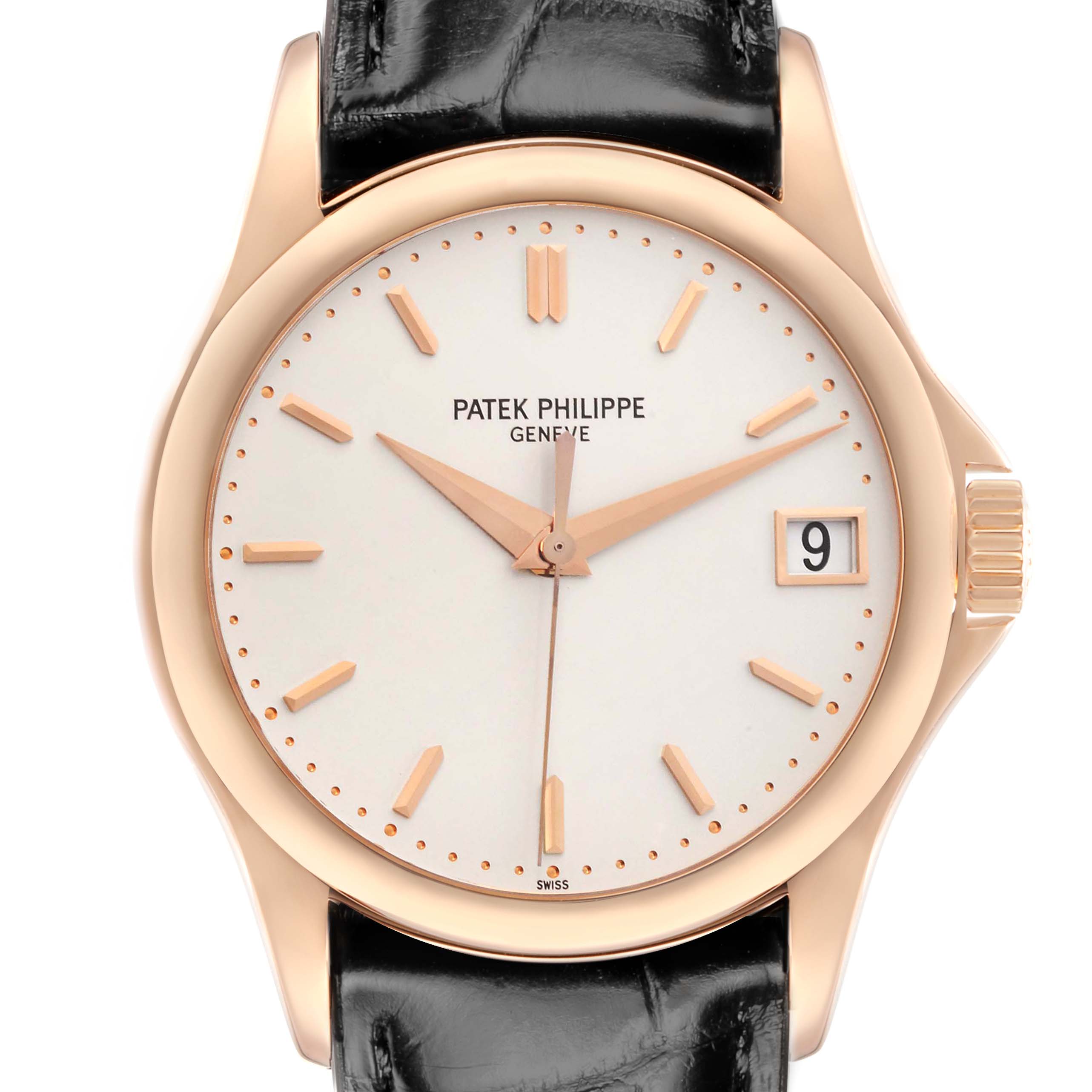The Patek Philippe Calatrava 5127R Men
s Rose Gold Silver Dial watch is shown from the front, highlighting the dial, hands, indices, date window, and crown.