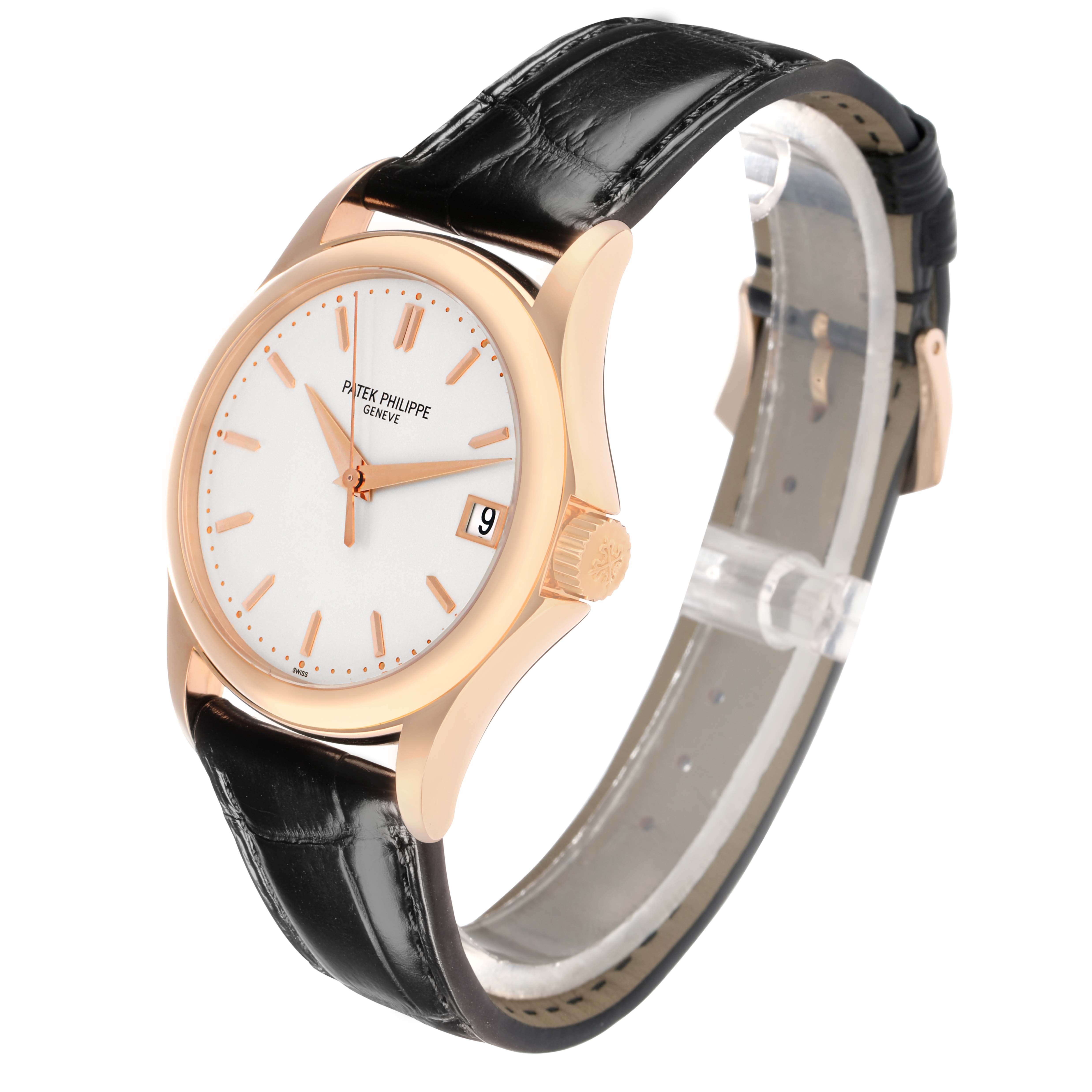 The Patek Philippe Calatrava 5127R Men
s Rose Gold Silver Dial watch is shown at a three-quarter angle, displaying its rose gold case, white dial, and black leather strap.