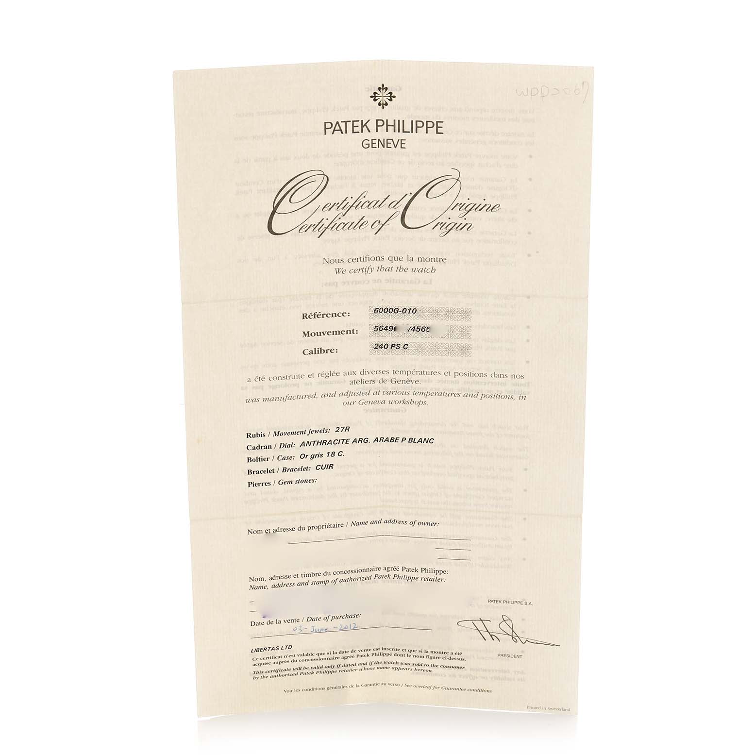 This image shows a Certificate of Origin for a Patek Philippe Calatrava 6000G Men
s White Gold Grey Dial watch, displaying reference, movement, and caliber details.