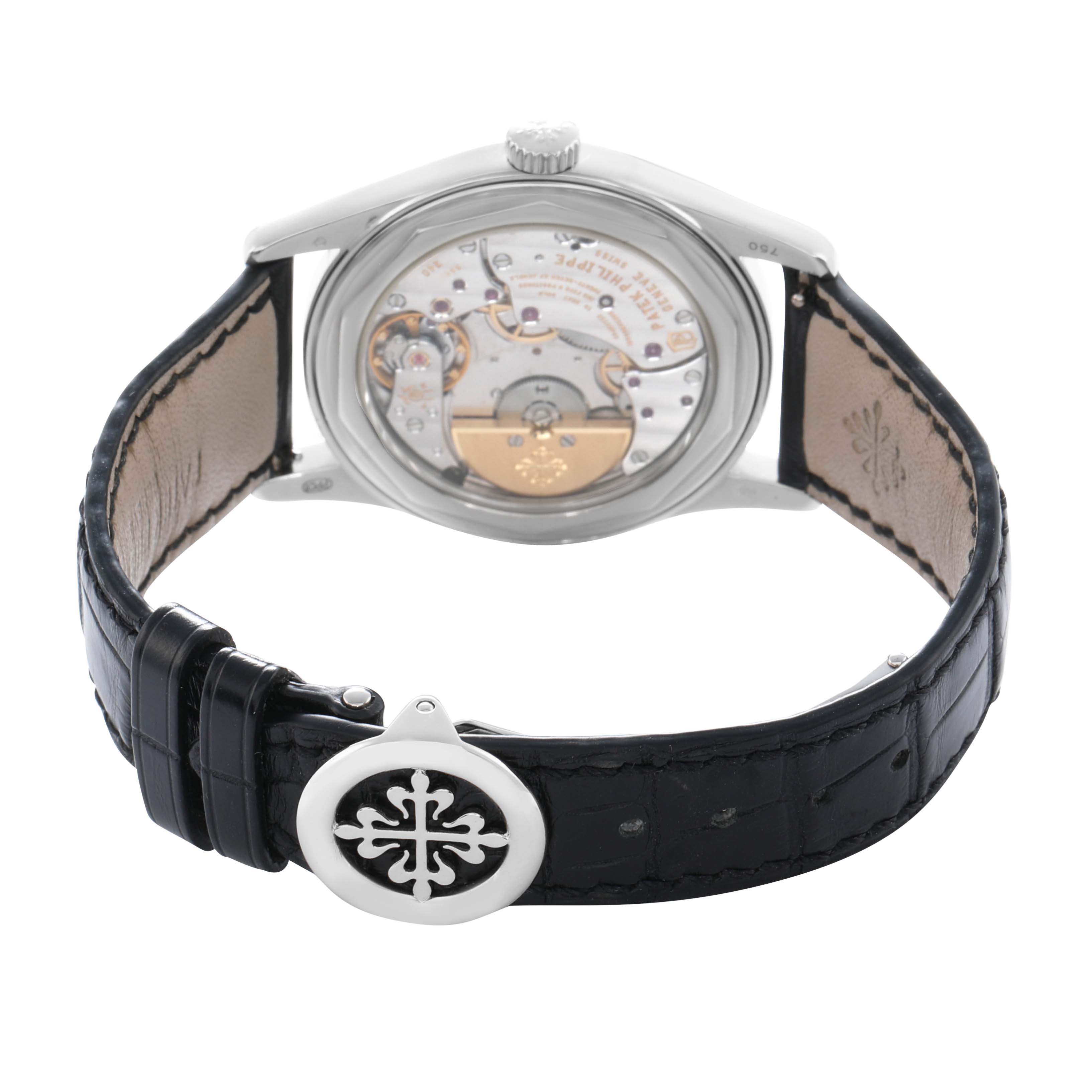 The image shows the back of the Patek Philippe Calatrava 6000G Men
s White Gold Grey Dial watch, highlighting the movement and the watchband with its clasp.