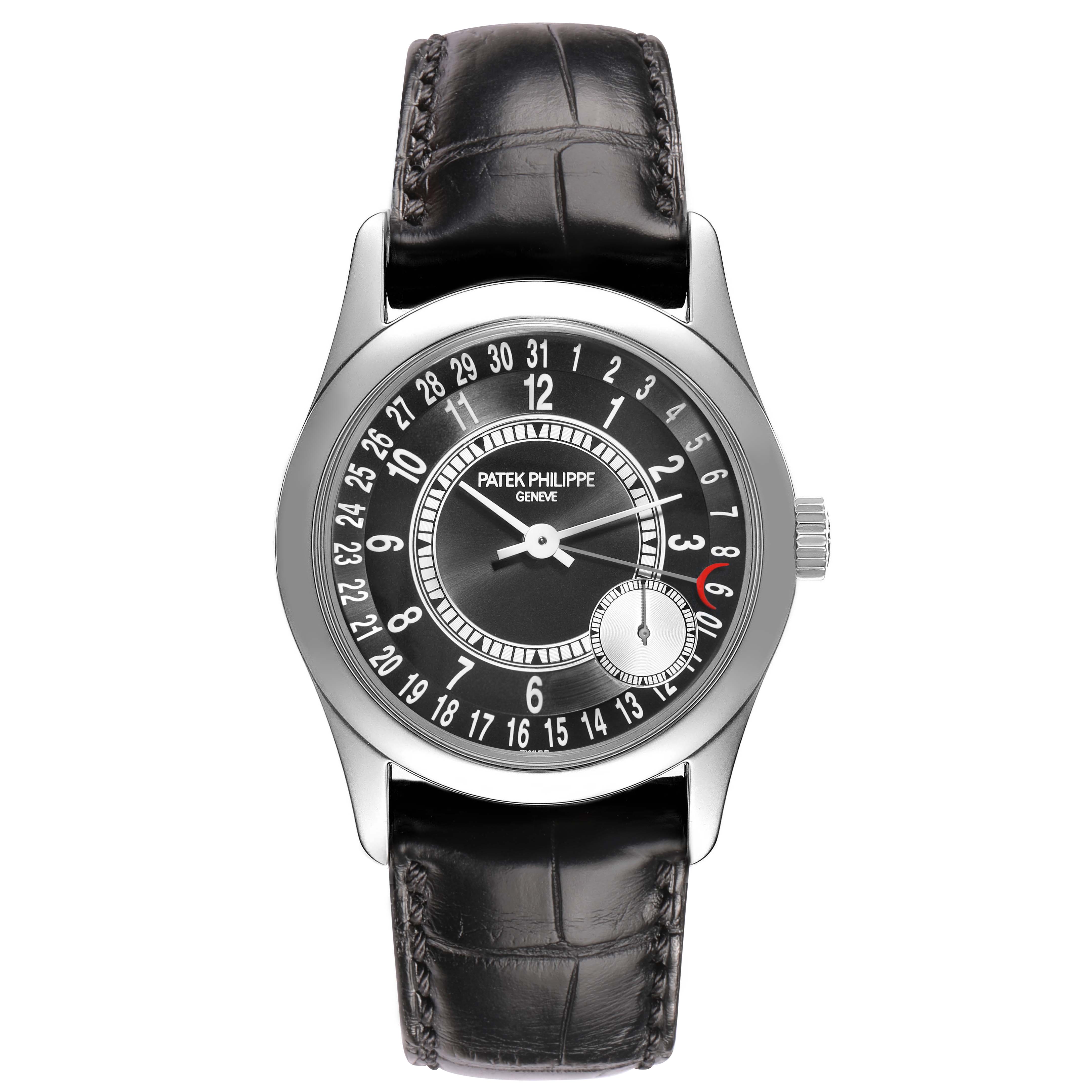 The Patek Philippe Calatrava 6000G Men
s White Gold Grey Dial watch is shown from the front, displaying its black dial, date markers, and leather strap.