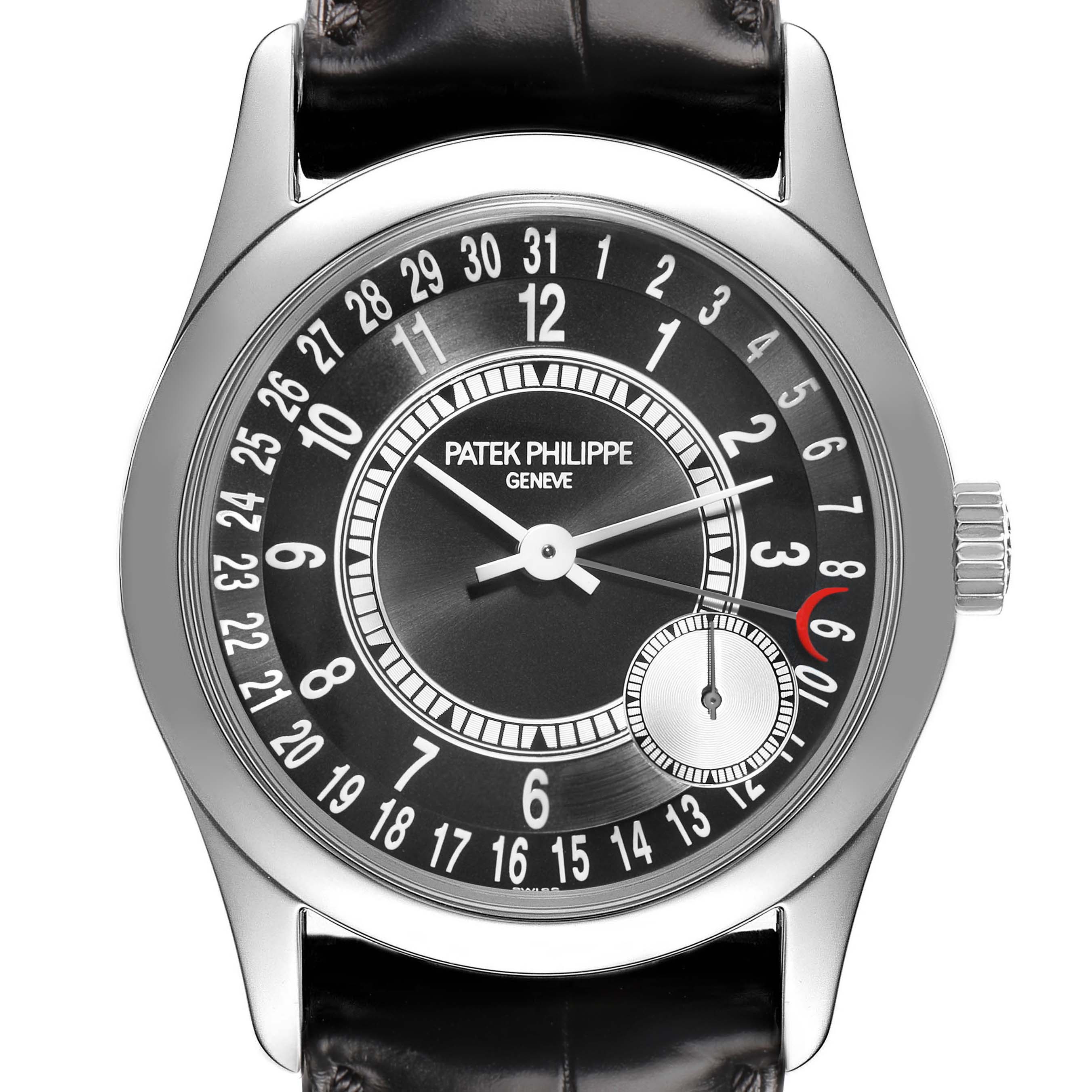 The Patek Philippe Calatrava 6000G Men
s White Gold Grey Dial watch is shown from the front, displaying its black dial, numerals, and central hands.