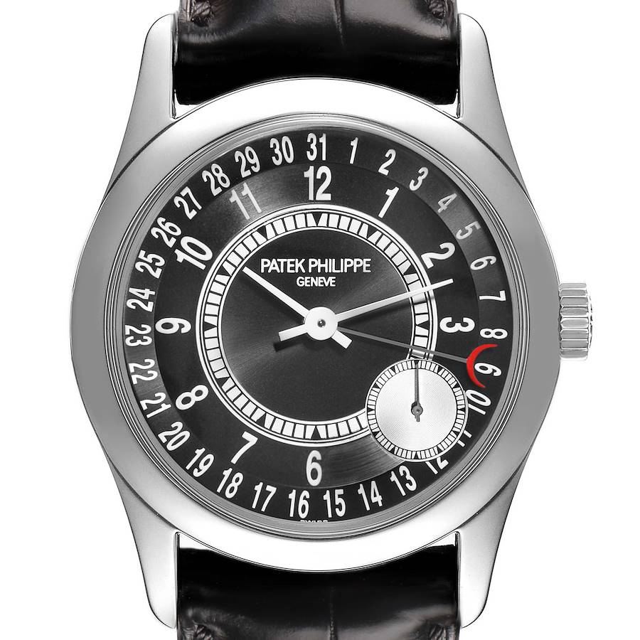 The Patek Philippe Calatrava 6000G Men's White Gold Grey Dial watch is shown from the front, displaying its black dial, numerals, and central hands.