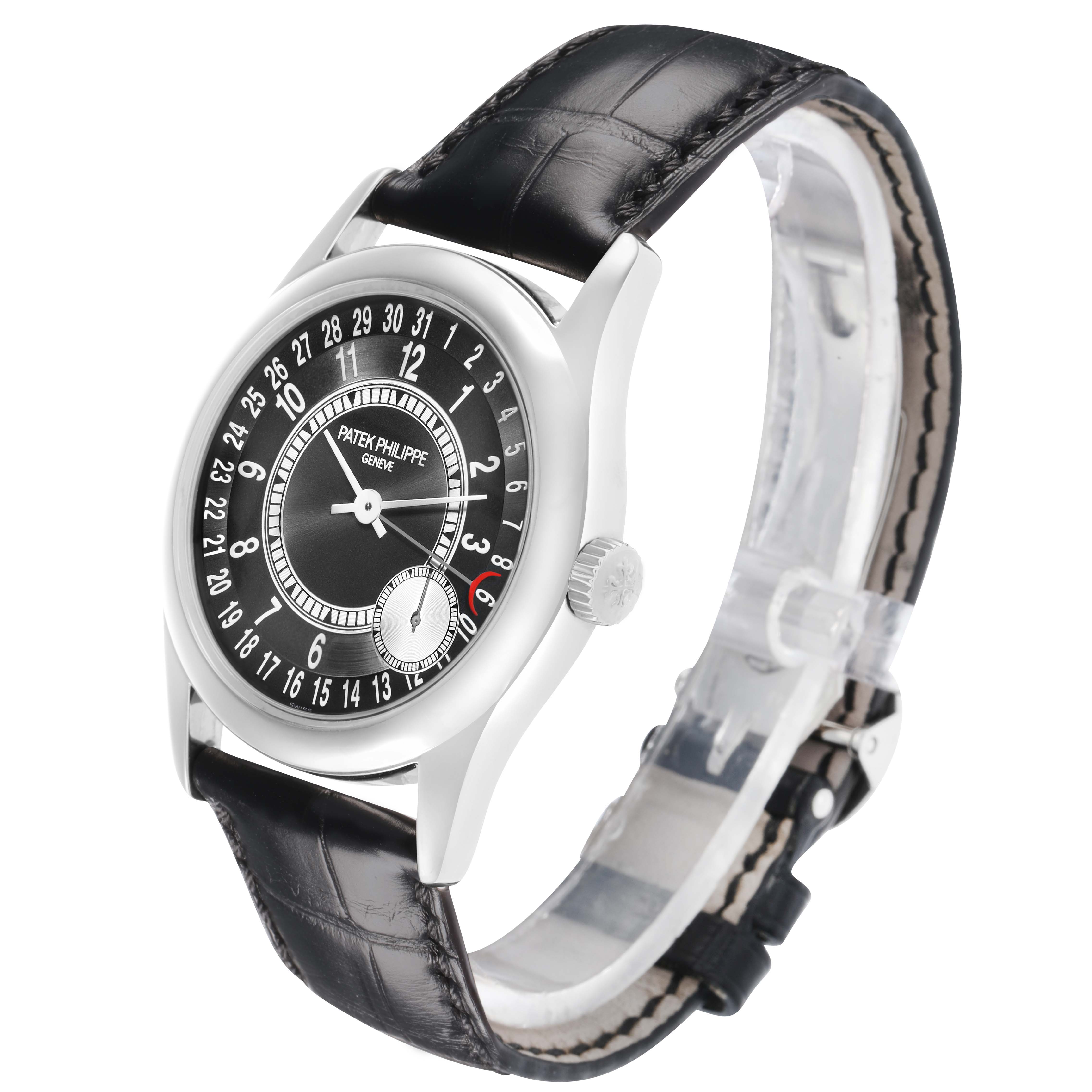 This Patek Philippe Calatrava 6000G Men
s White Gold Grey Dial is shown at a three-quarter angle, highlighting the dial, bezel, crown, and leather strap.