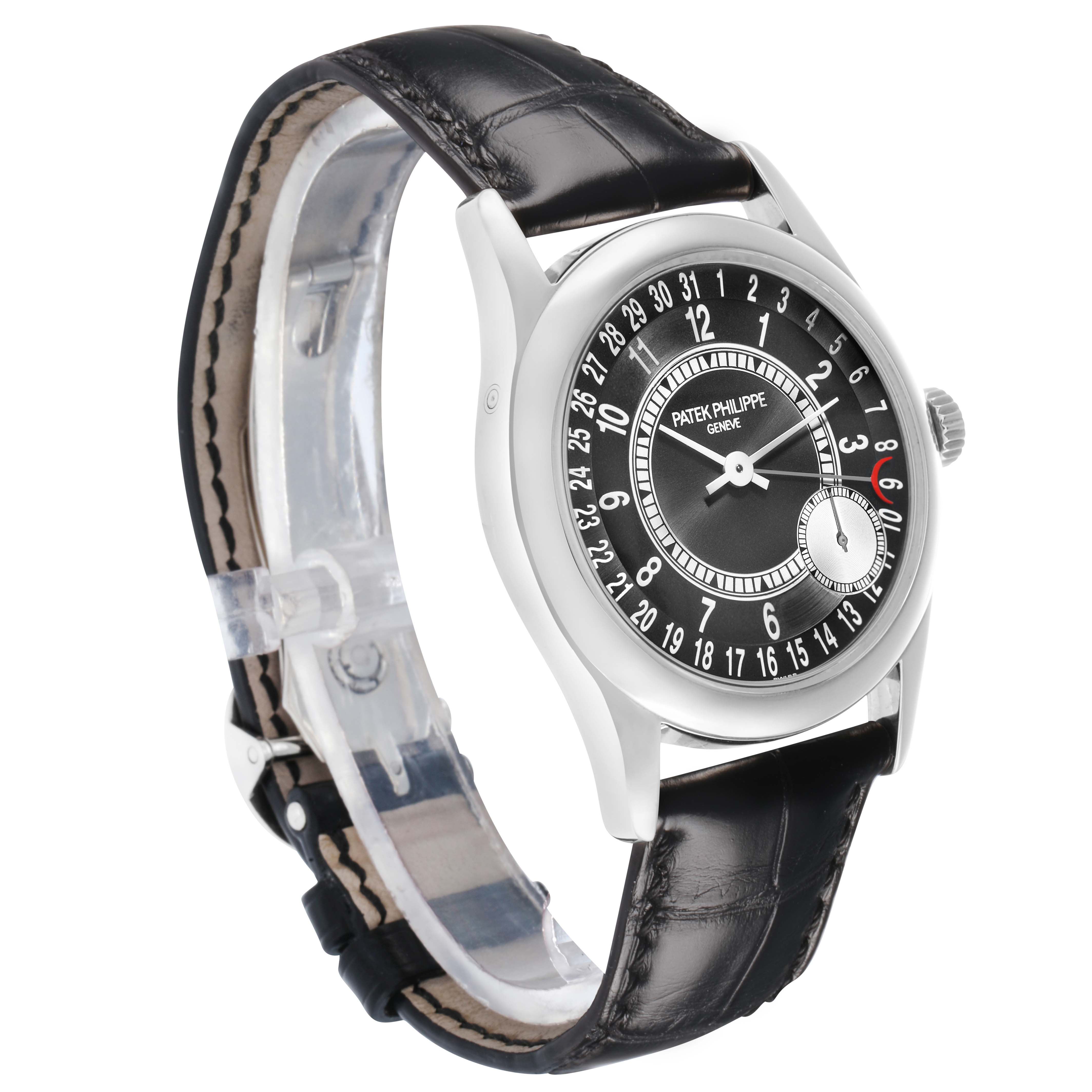 The Patek Philippe Calatrava 6000G Men
s White Gold Grey Dial watch is shown at a side angle, highlighting the dial, bezel, crown, and leather strap.
