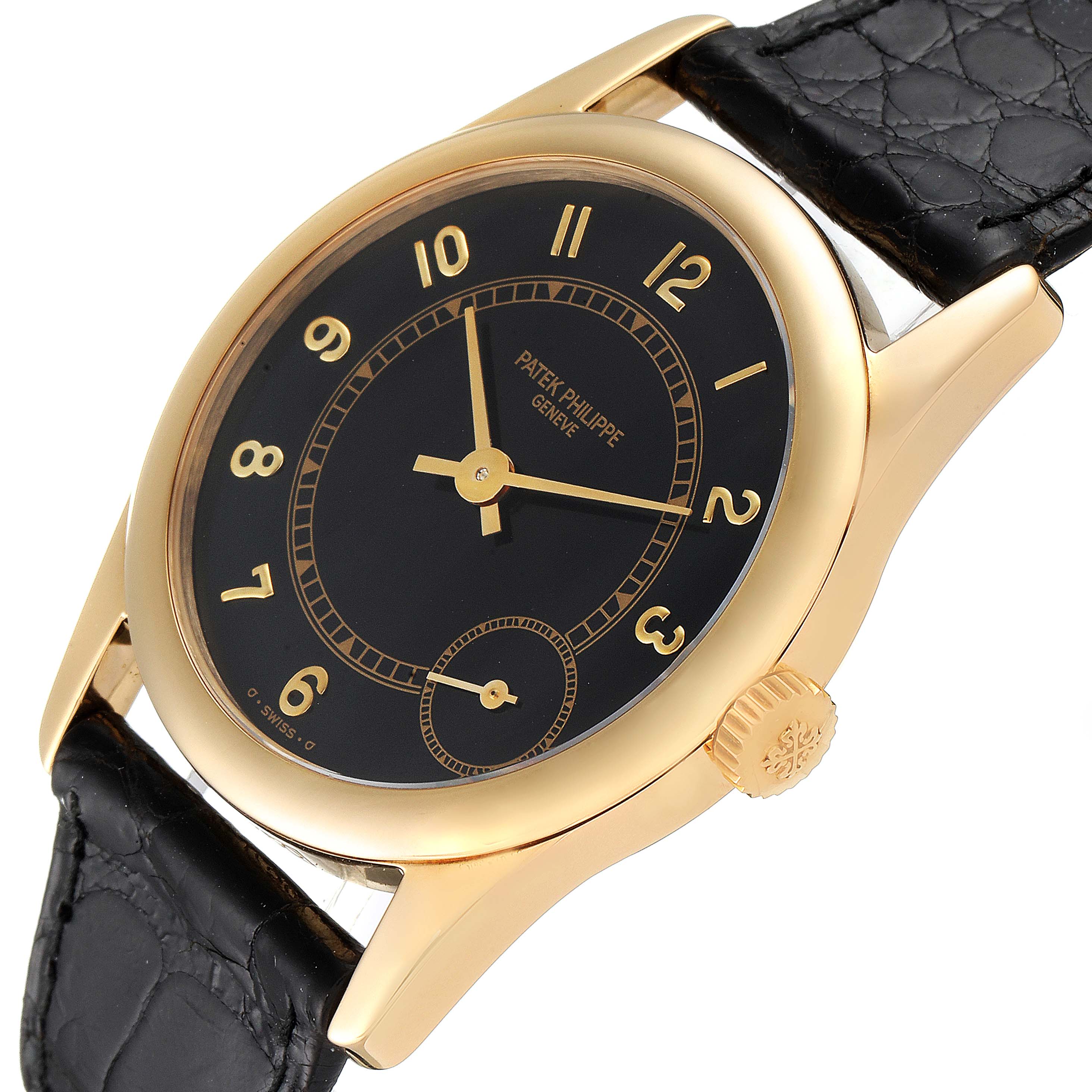 This image shows a Patek Philippe Calatrava 5000J Men's Yellow Gold Black Dial 5000J Men's Yellow Gold Black Dial watch angled to display the dial, bezel, crown, and strap.