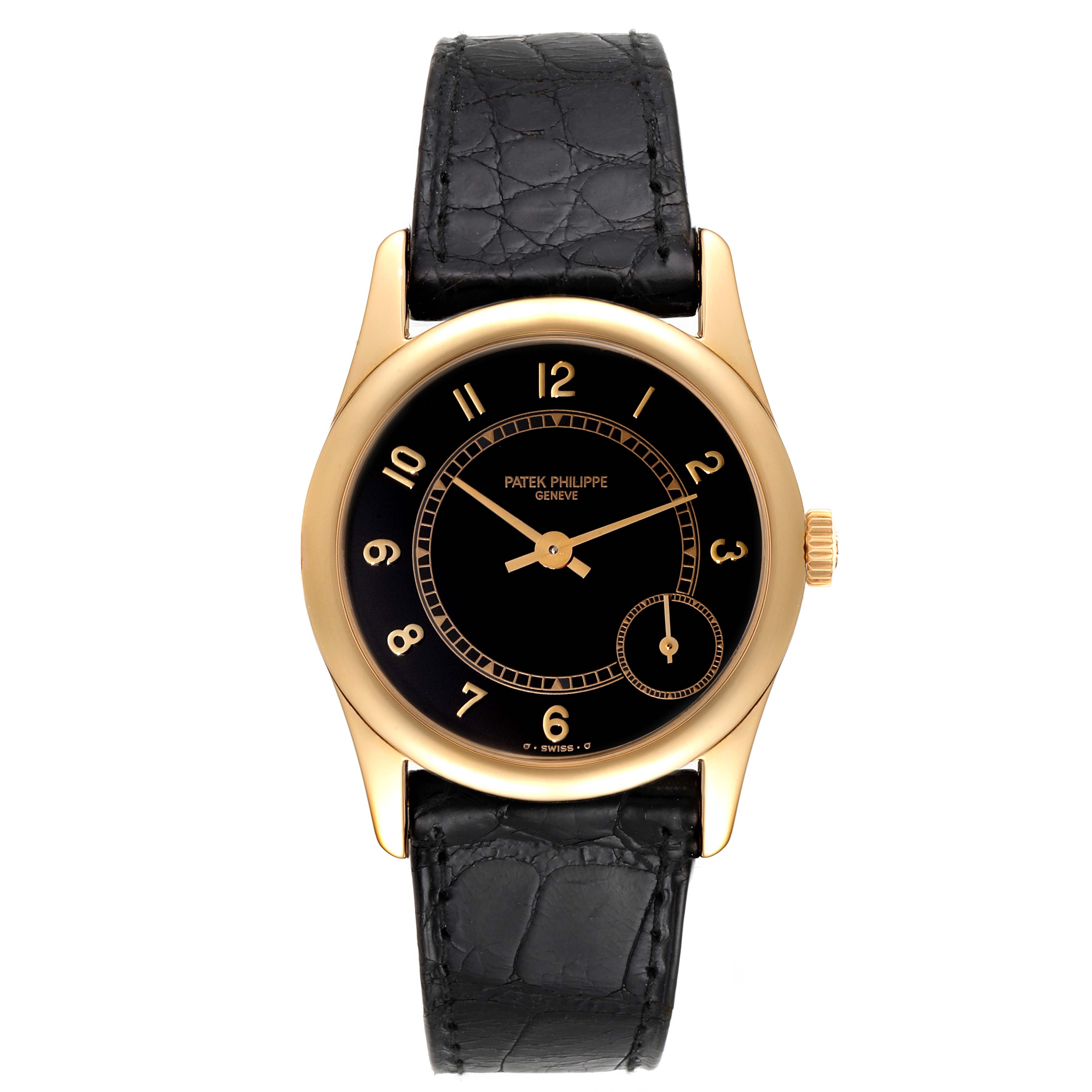 This image shows a frontal view of a Patek Philippe Calatrava 5000J Men's Yellow Gold Black Dial 5000J Men's Yellow Gold Black Dial watch with a black dial, gold case, and black leather strap.
