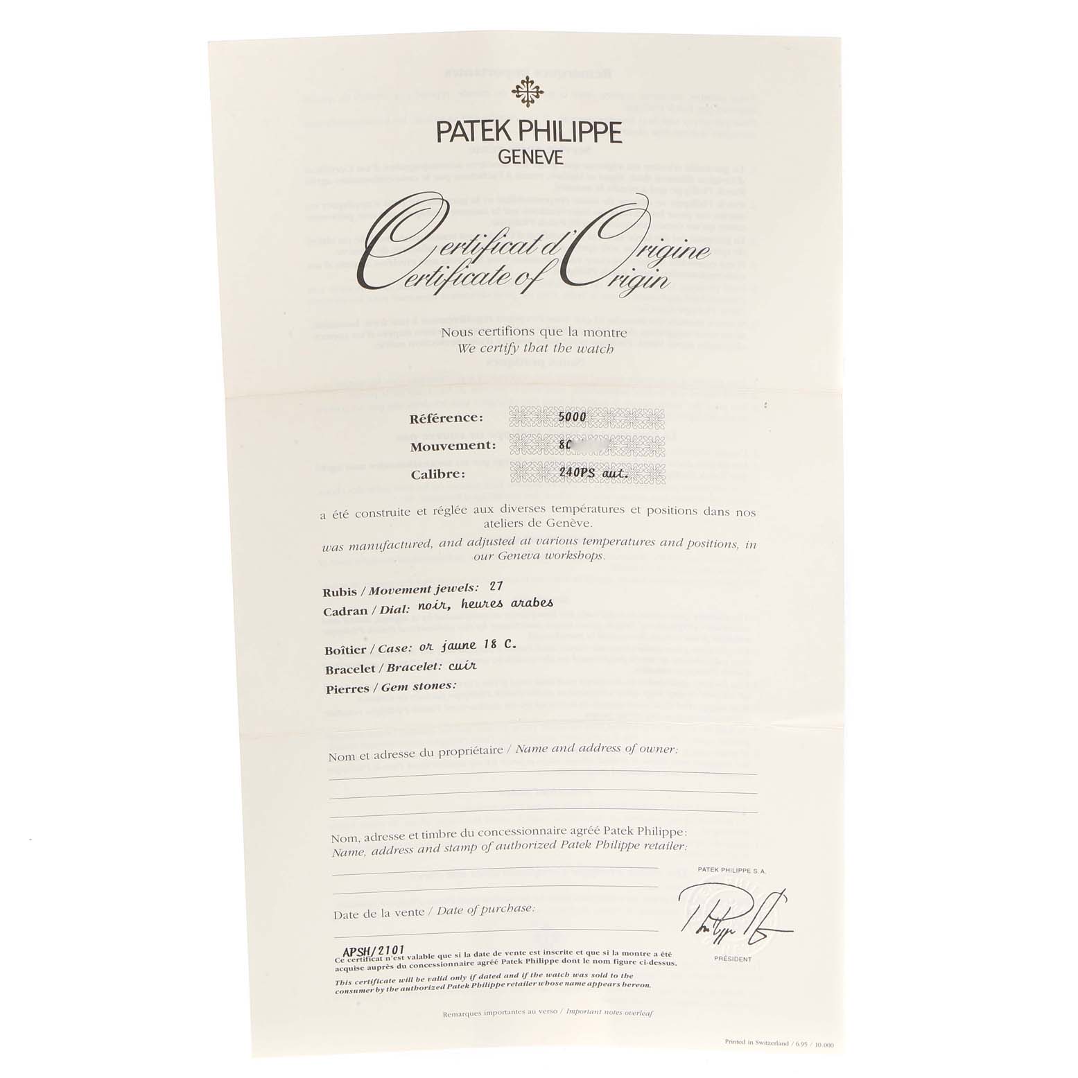 The image shows the Patek Philippe Certificate of Origin for a Calatrava model 5000, providing details about the watch's specifications.