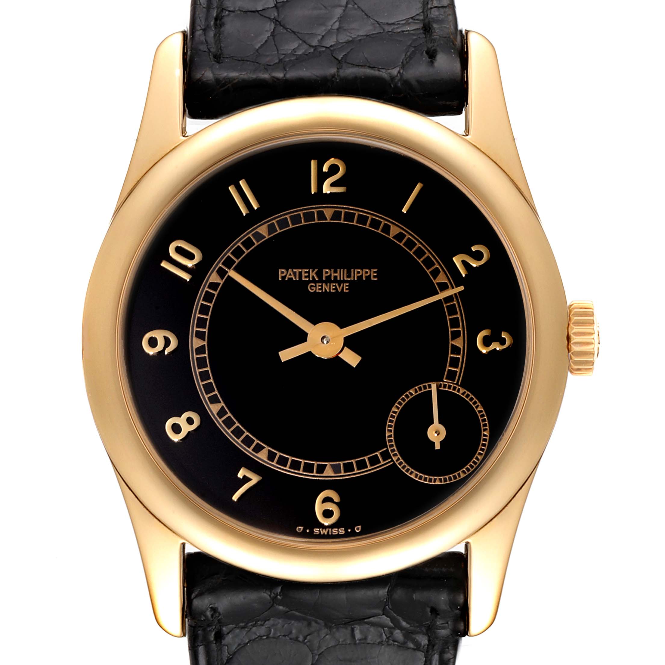 The image shows a front view of a Patek Philippe Calatrava 5000J Men's Yellow Gold Black Dial 5000J Men's Yellow Gold Black Dial watch, highlighting its black dial, gold case, and black leather strap.