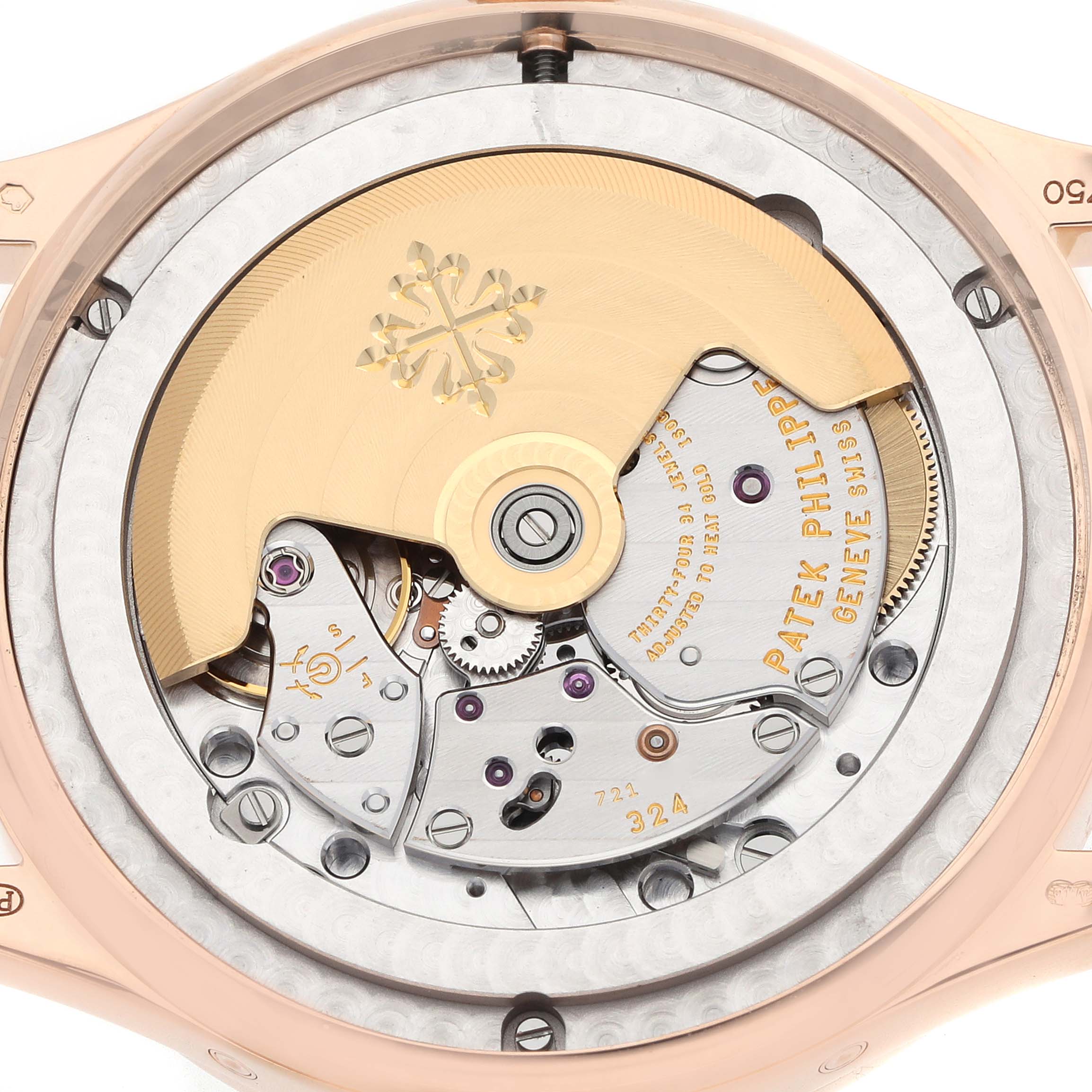 The image shows the movement and rotor of a Patek Philippe Complications 5396R Men
s Rose Gold Blue Dial model from a rear angle.