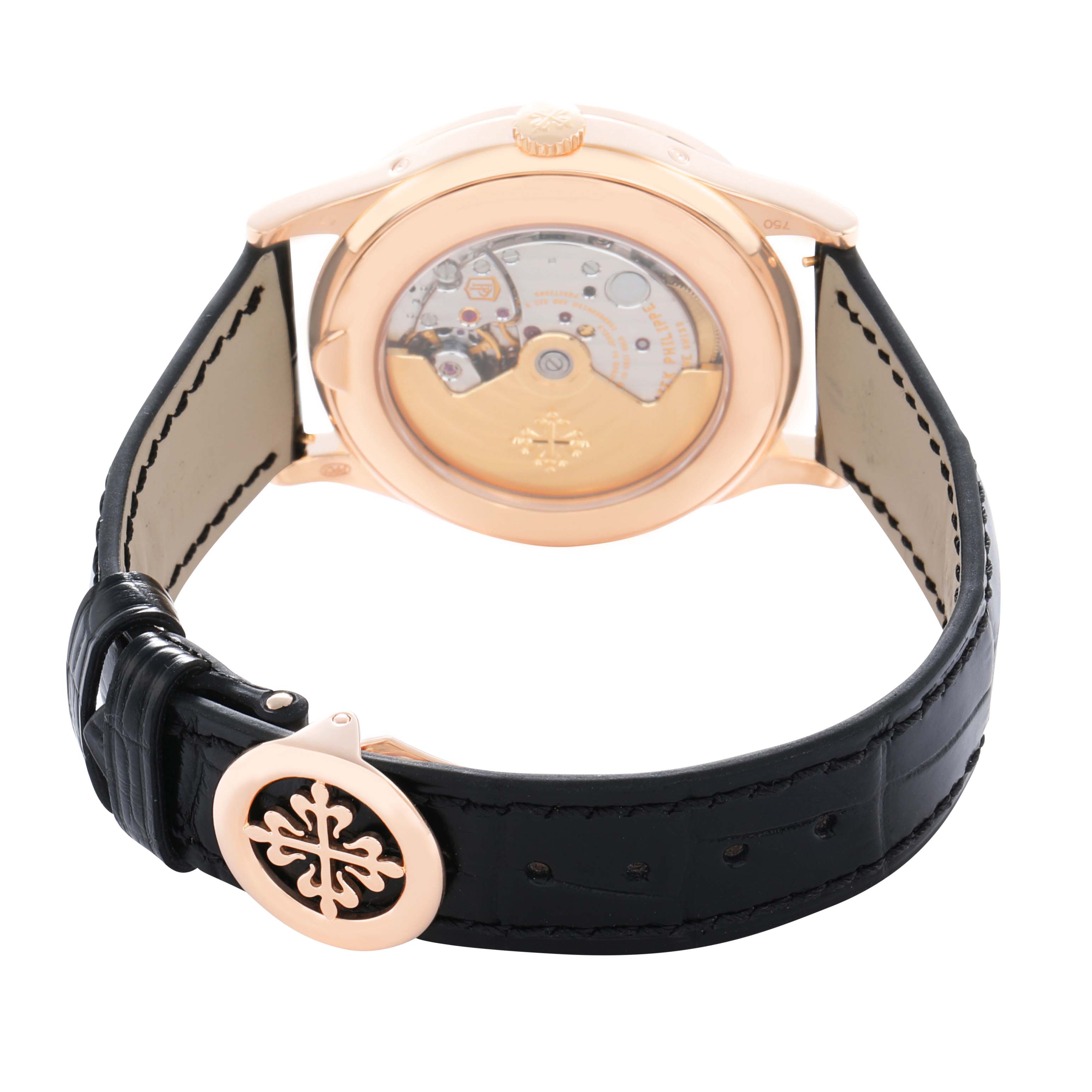 The image shows the back of a Patek Philippe Complications 5396R Men
s Rose Gold Blue Dial watch, highlighting its movement and black strap with a logo.