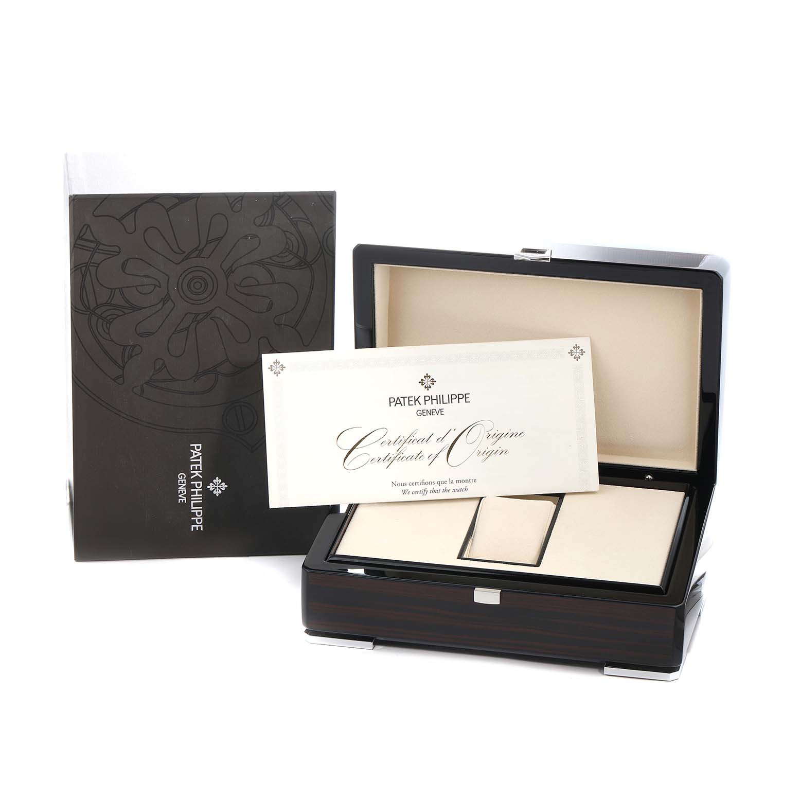 The image shows the Patek Philippe Complications 5396R Men
s Rose Gold Blue Dial box, certificate, and packaging from a front angle.