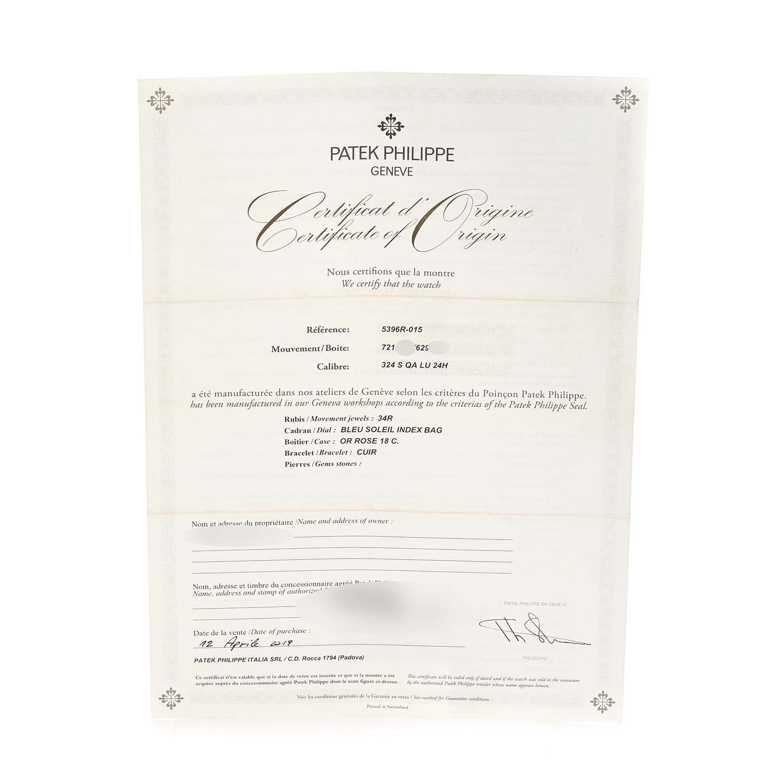 The image shows a certificate of origin for a Patek Philippe Complications 5396R Men
s Rose Gold Blue Dial model, with details like reference number and purchase date.