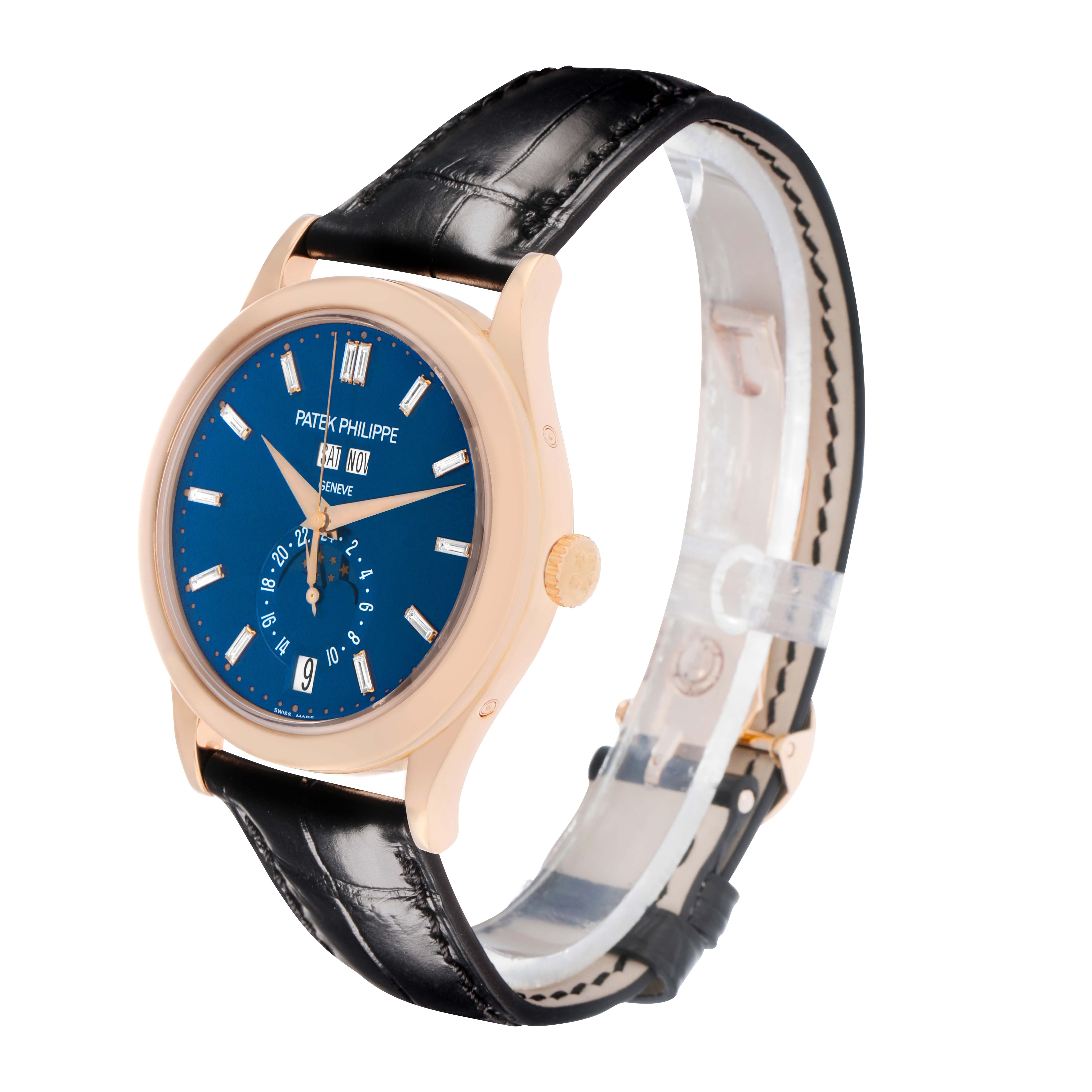 The Patek Philippe Complications 5396R Men
s Rose Gold Blue Dial watch is shown at a three-quarter angle, displaying the dial, crown, and leather strap.