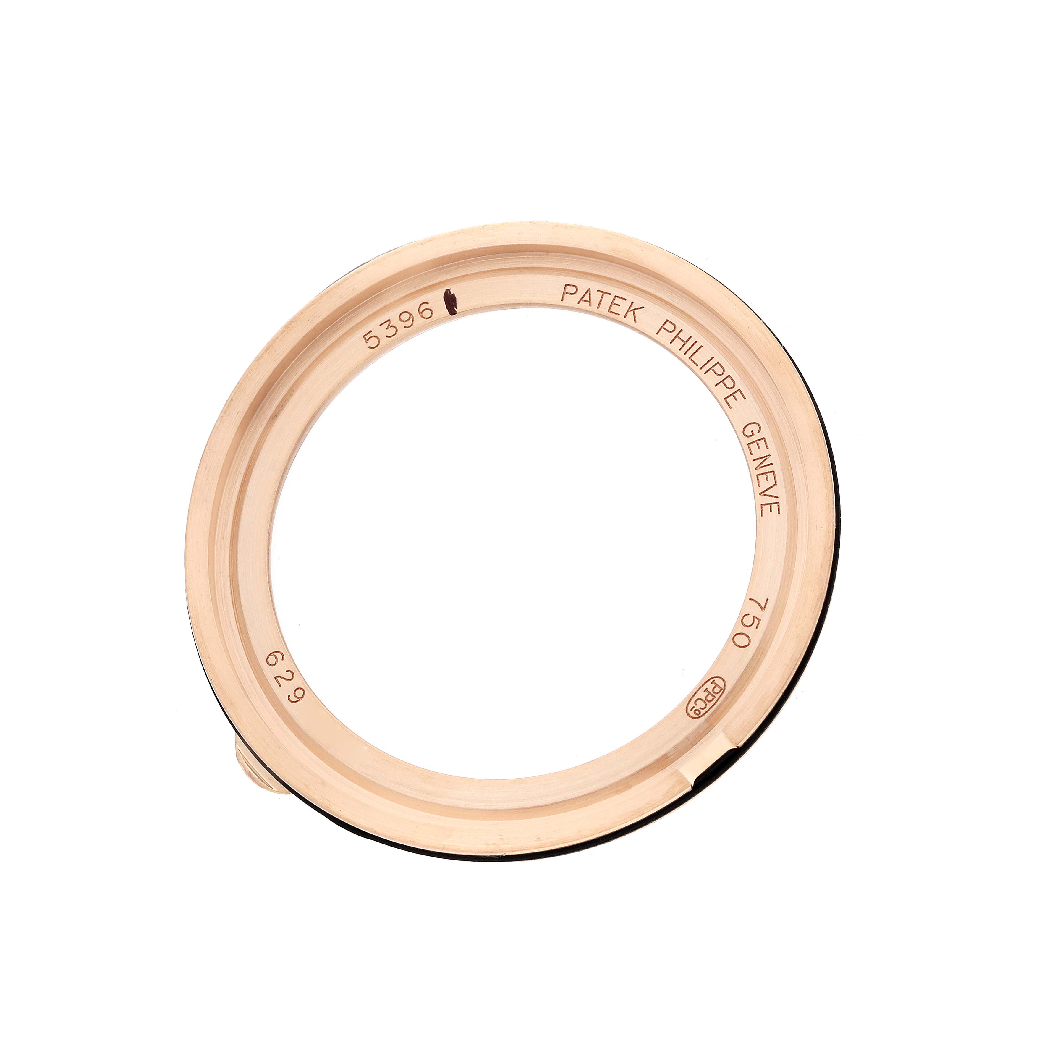 The image shows a Patek Philippe Complications 5396R Men
s Rose Gold Blue Dial model bezel, viewed from above, with engraving visible.