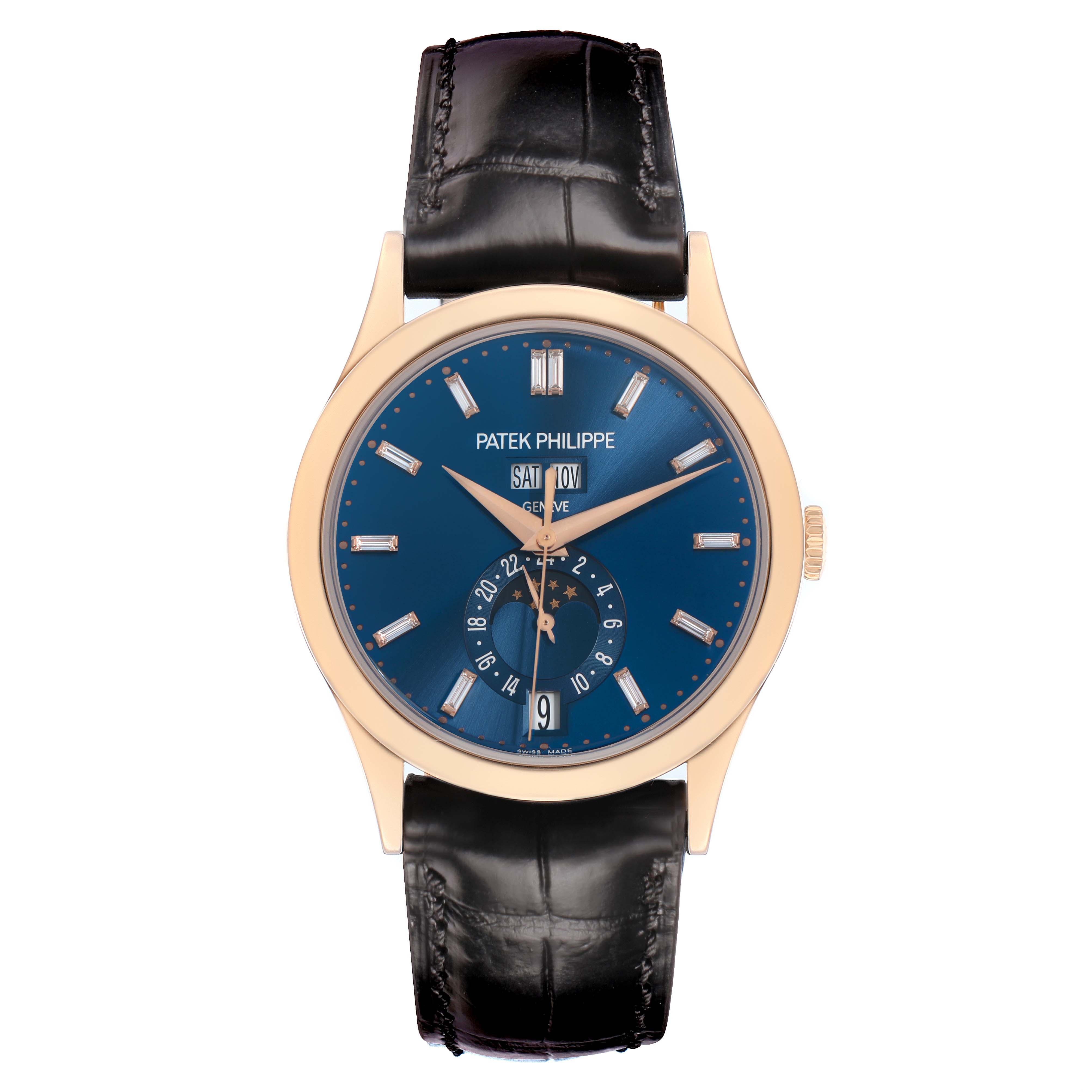 The Patek Philippe Complications 5396R Men
s Rose Gold Blue Dial watch is shown from a front angle, displaying its blue dial, gold casing, and black leather strap.