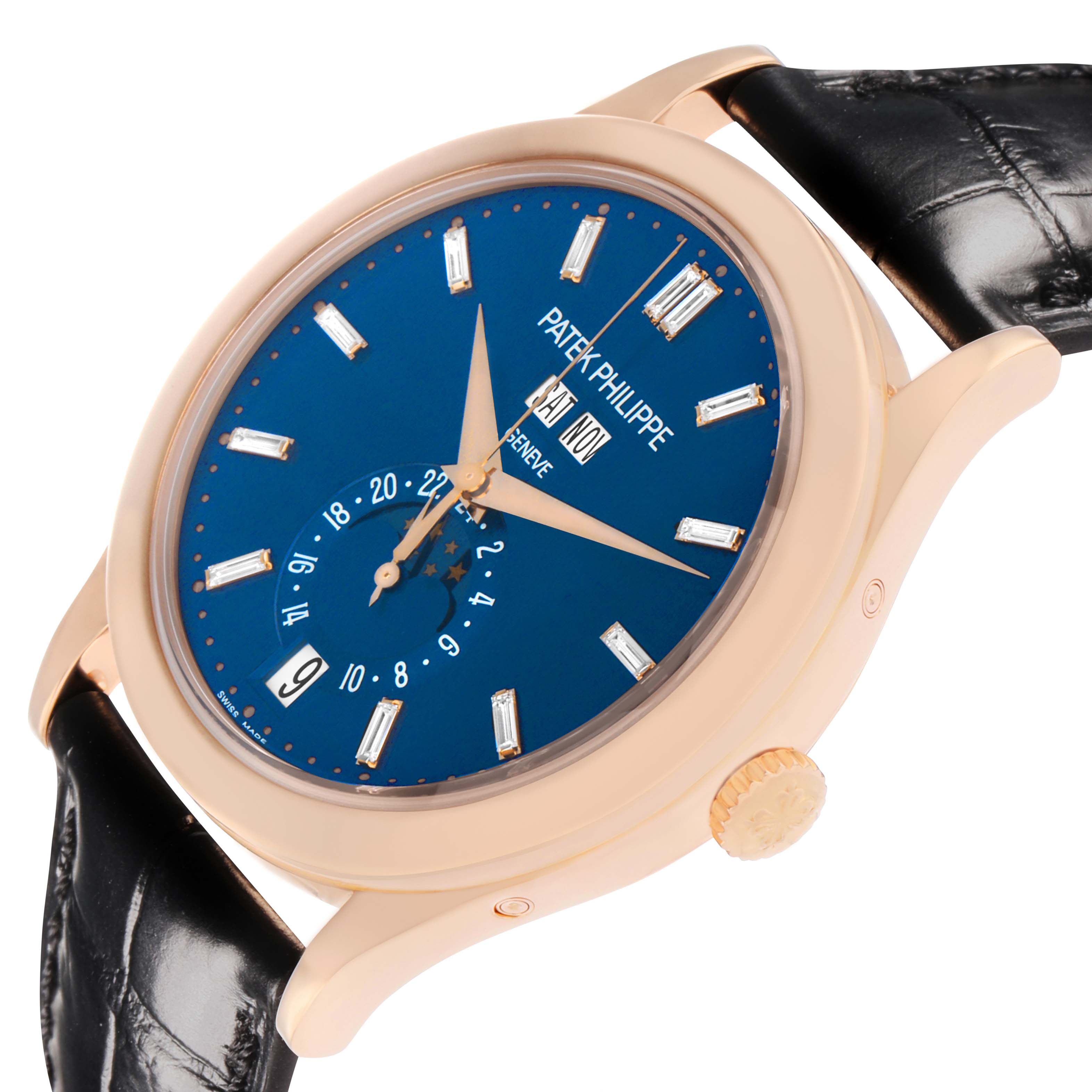 The Patek Philippe Complications 5396R Men
s Rose Gold Blue Dial watch is shown at an angle displaying the face, crown, and part of the leather strap.