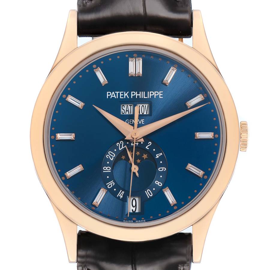 The Patek Philippe Complications 5396R Men's Rose Gold Blue Dial watch is shown from the front, highlighting the dial, hands, date, and moon phase function.
