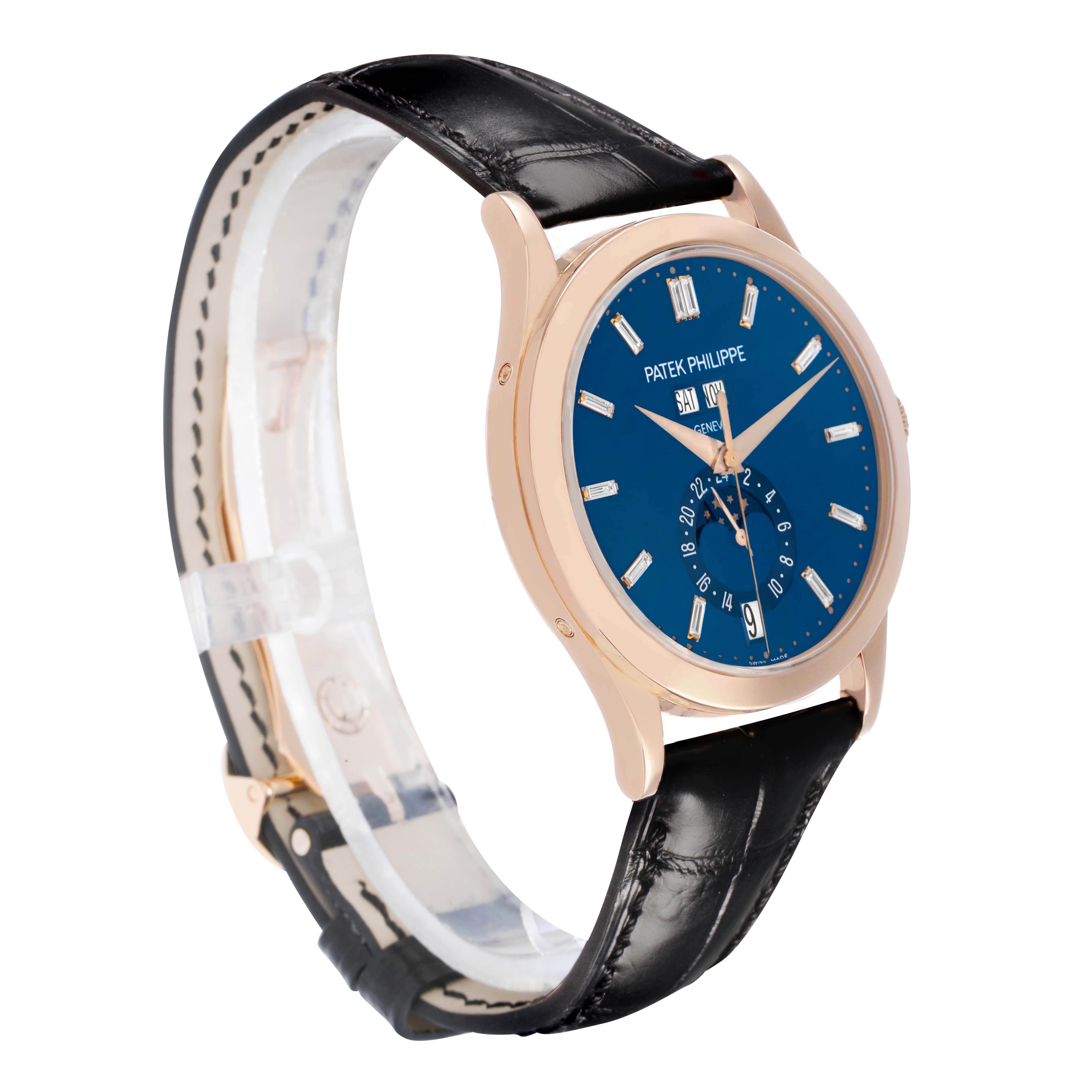The Patek Philippe Complications 5396R-015 Men's Rose Gold Blue Dial watch is shown at a three-quarter angle, highlighting the blue dial, rose gold case, and leather strap.