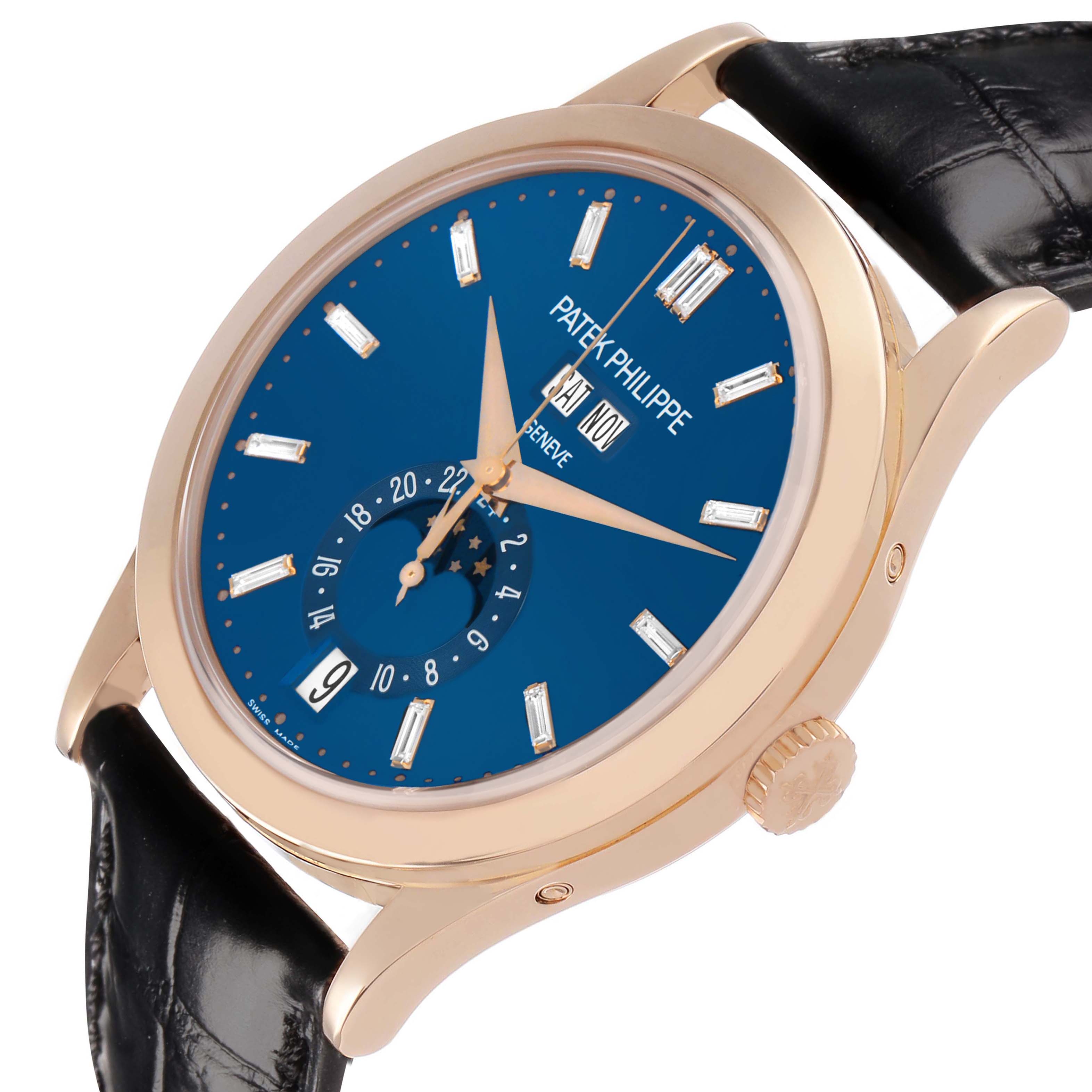The Patek Philippe Complications 5396R-015 Men's Rose Gold Blue Dial watch is shown at a slight angle, highlighting the blue dial, date, and moon phase features.