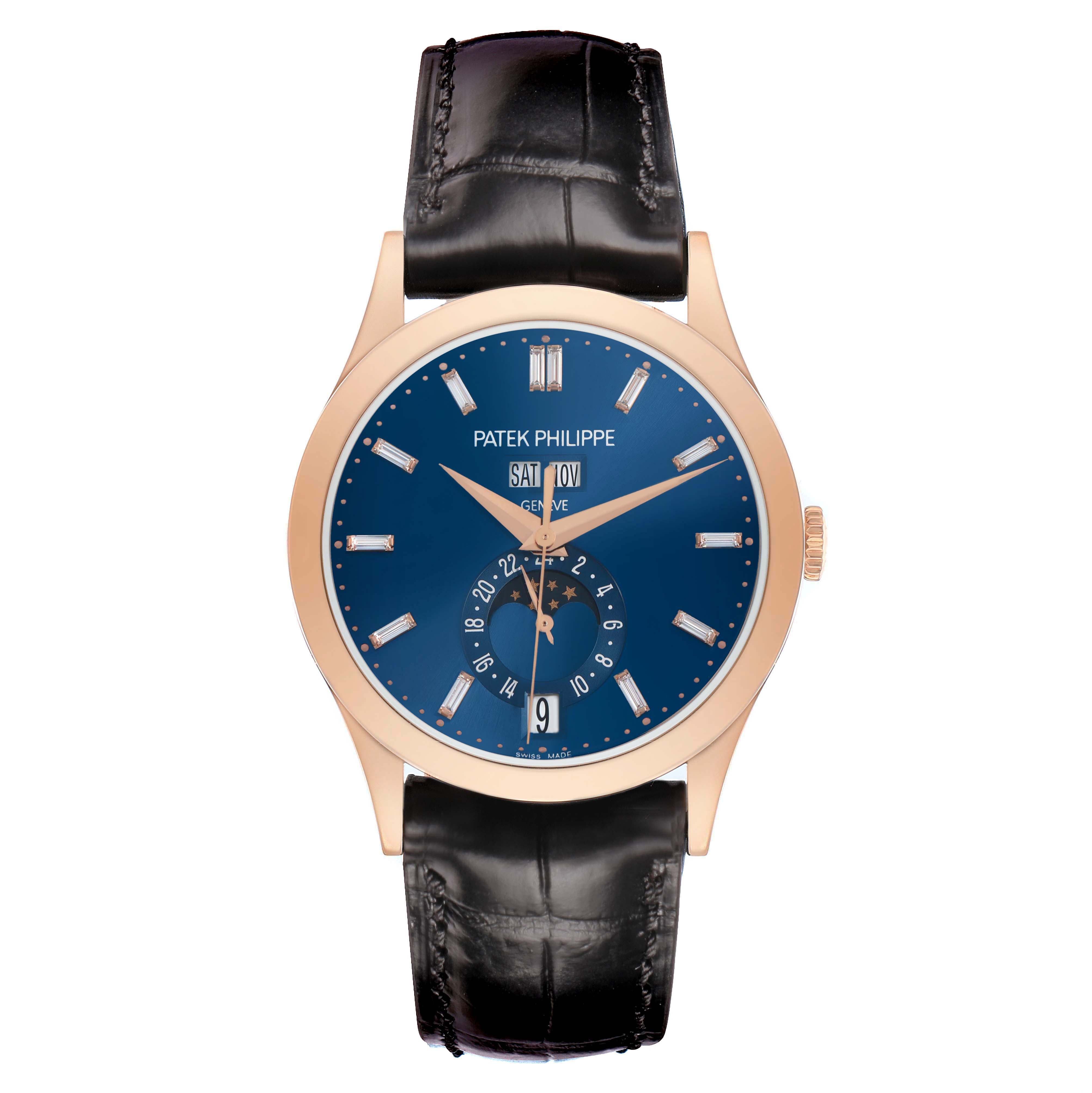 The Patek Philippe Complications 5396R-015 Men's Rose Gold Blue Dial watch is shown from a front angle, featuring its full face and strap.