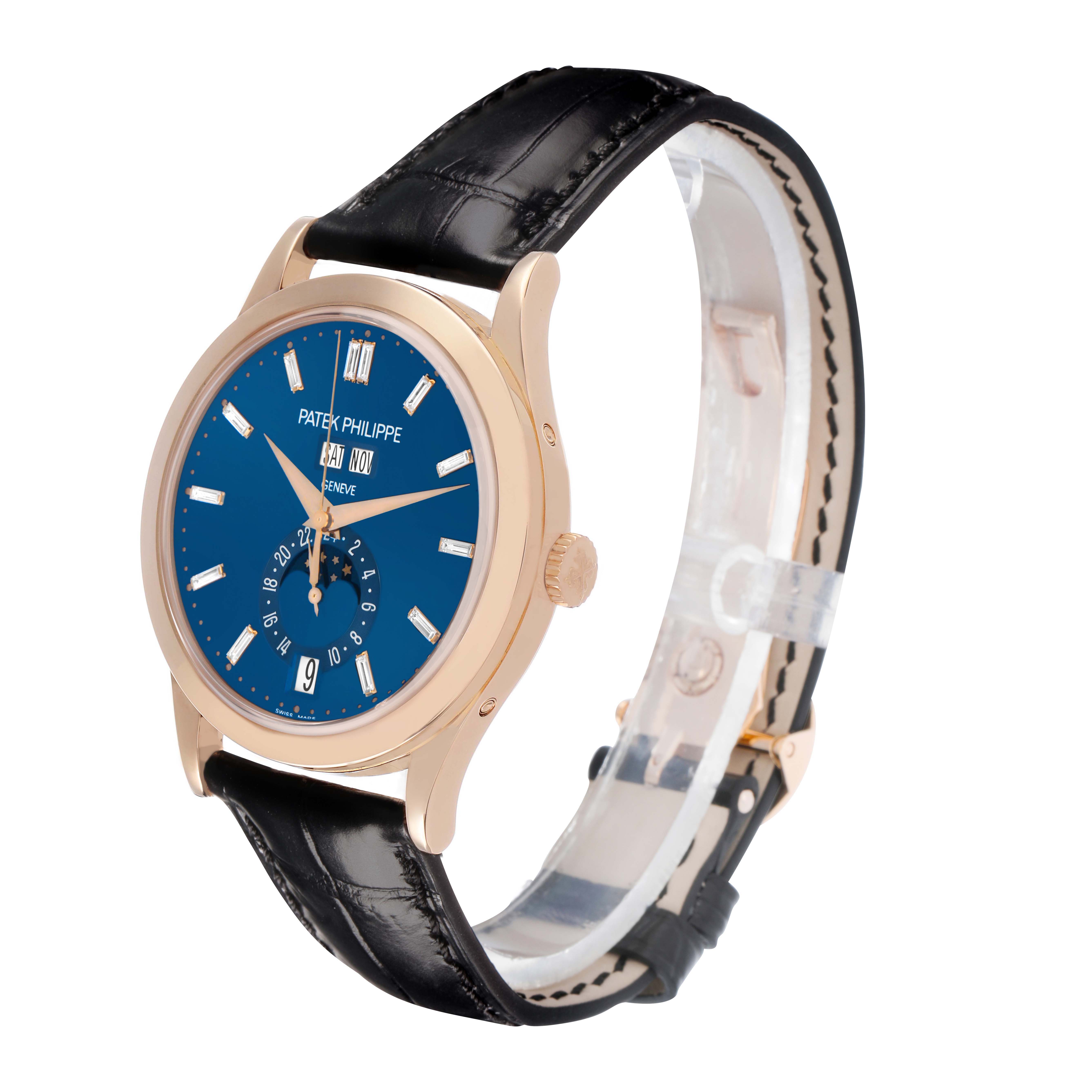 The Patek Philippe Complications 5396R-015 Men's Rose Gold Blue Dial watch is shown at a side angle, revealing its blue dial, golden case, and black leather strap.
