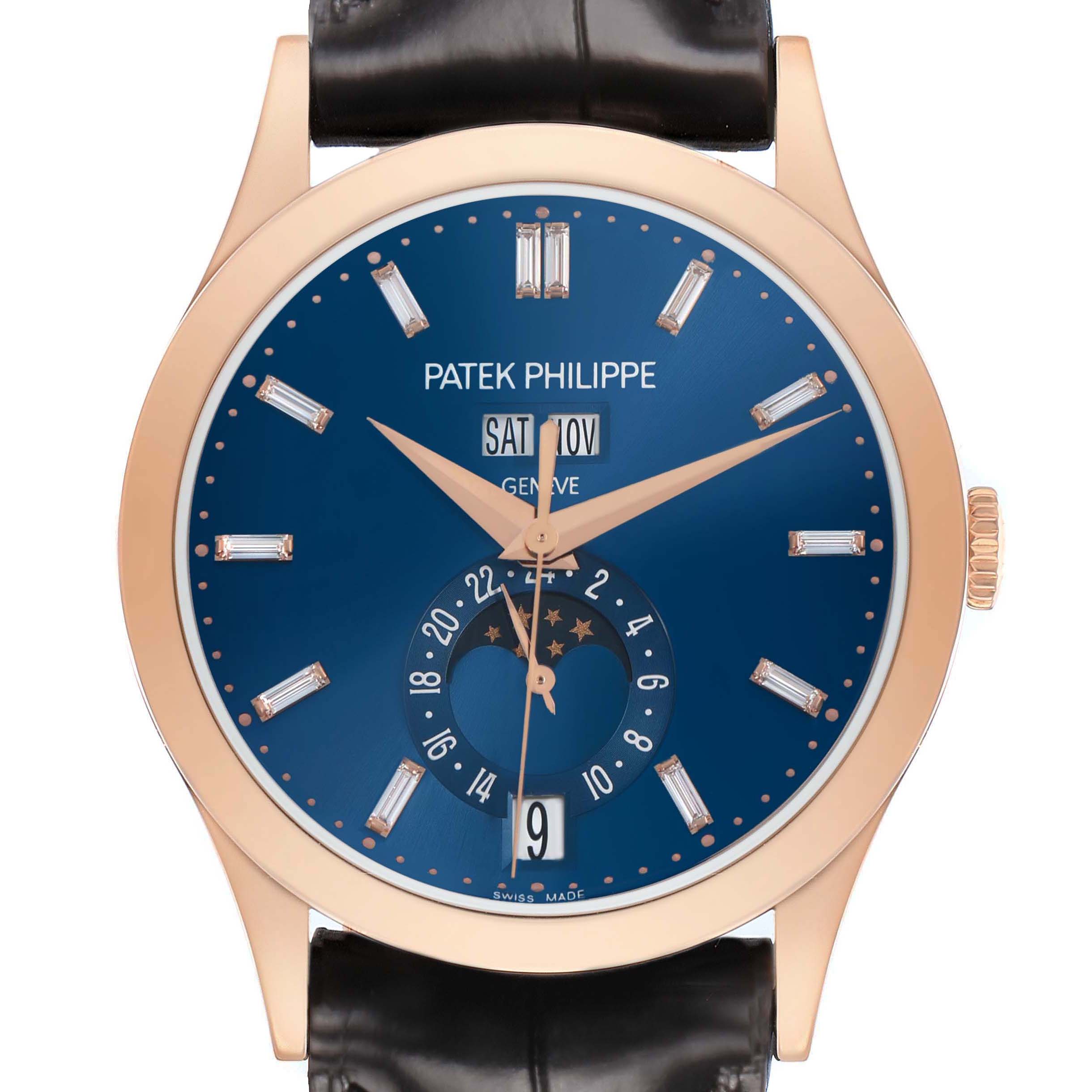The Patek Philippe Complications 5396R-015 Men's Rose Gold Blue Dial watch is shown from a front angle, displaying the dial, hands, date, and moon phase features.