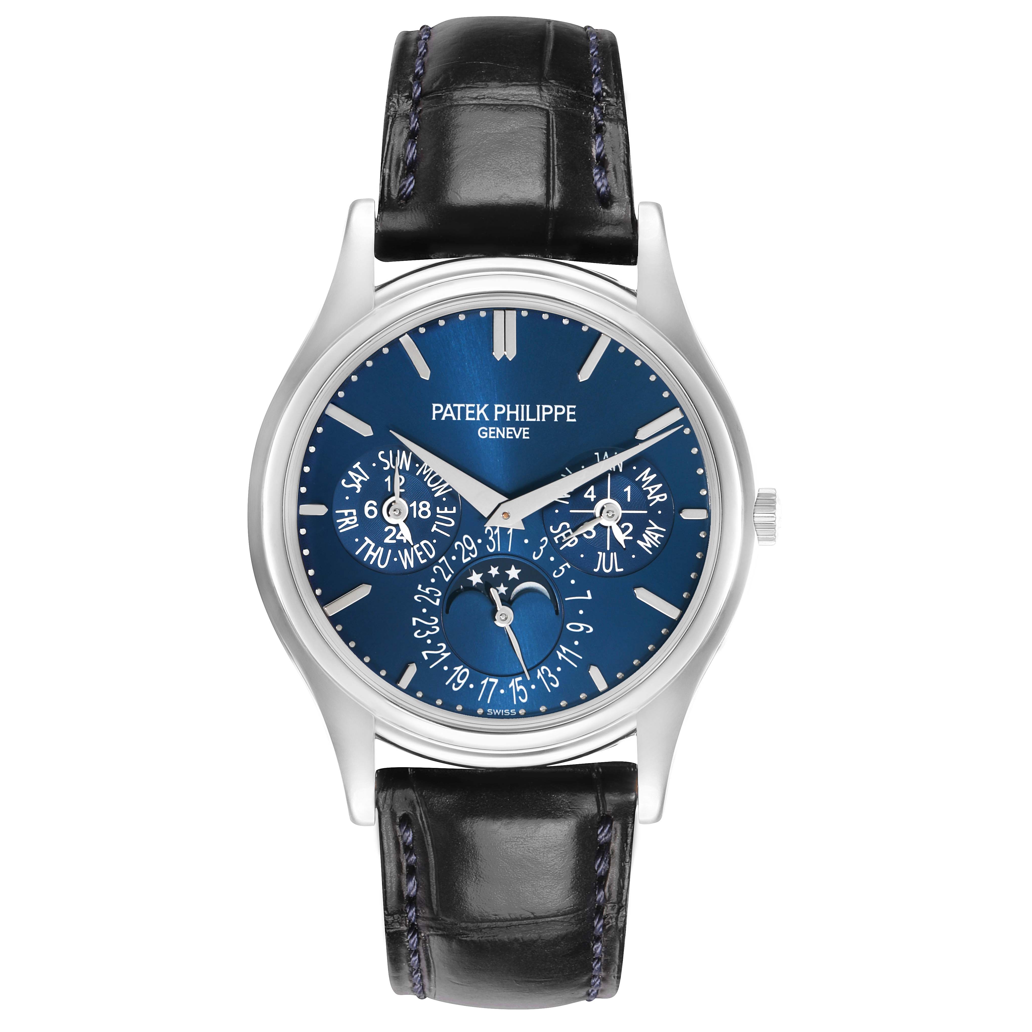 The Patek Philippe Complications 5140P Men
s Platinum Blue Dial watch is shown from a front angle, highlighting the blue dial and black leather strap.