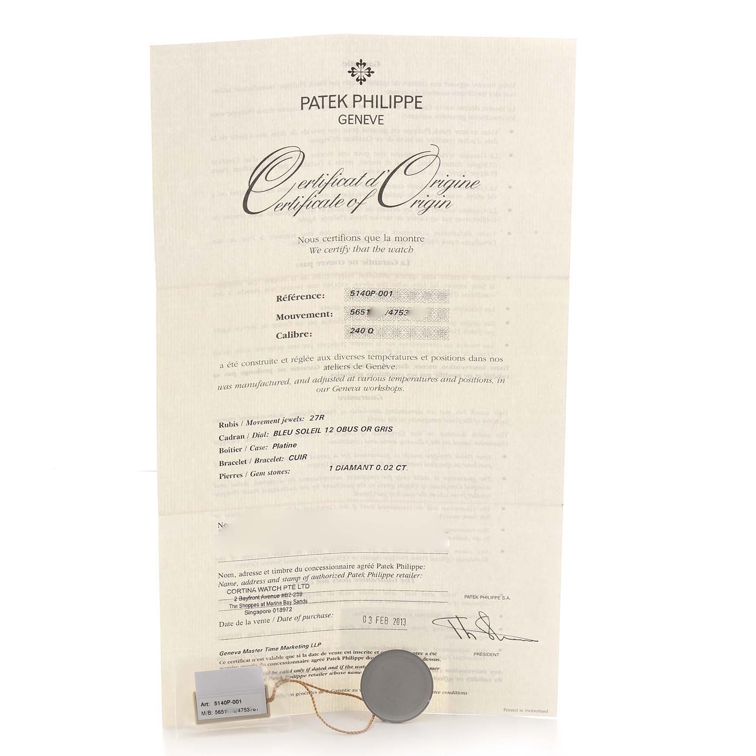 The image shows a Certificate of Origin for a Patek Philippe Complications 5140P Men
s Platinum Blue Dial model, no watch is visible.