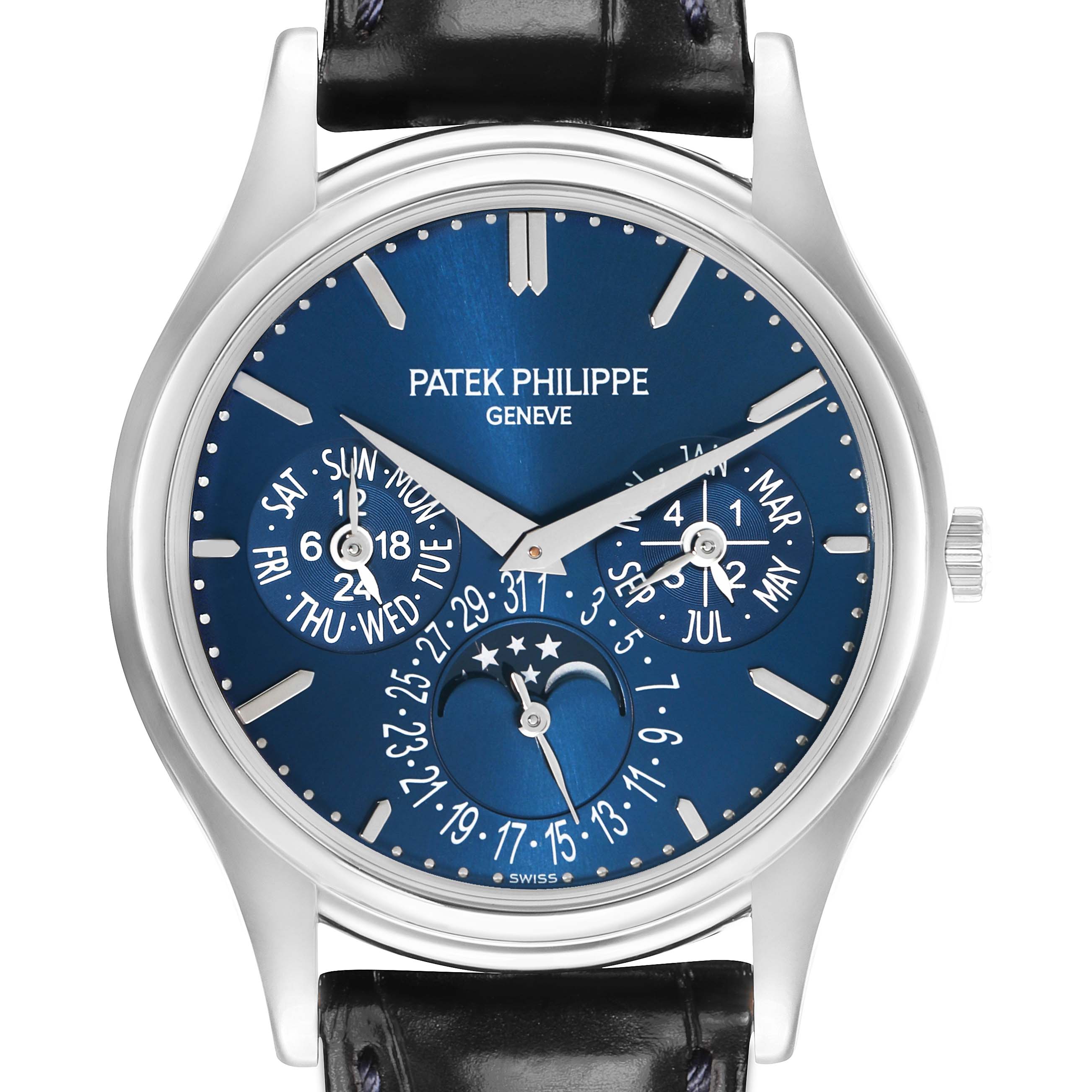 The Patek Philippe Complications 5140P Men
s Platinum Blue Dial watch is shown from the front, highlighting its blue dial with multiple subdials and a moon phase.