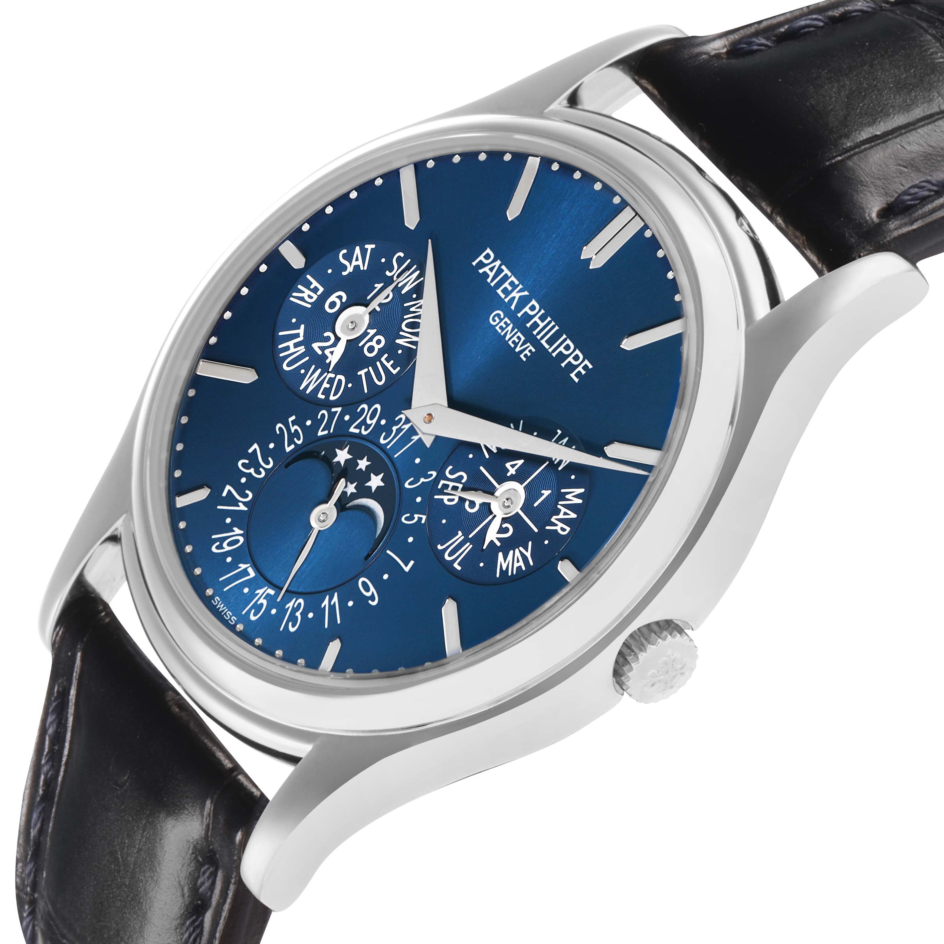 The Patek Philippe Complications 5140P Men
s Platinum Blue Dial watch is shown at an angled side view, displaying the blue dial, subdials, and crown.