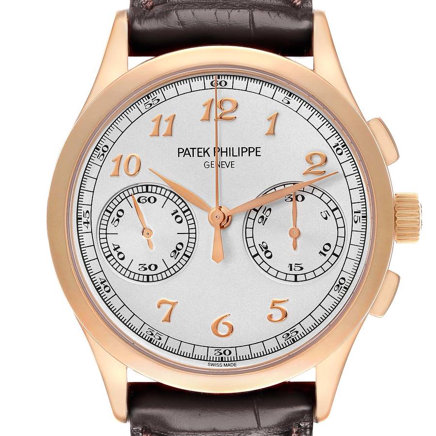 The Patek Philippe Complications 5170R Men's Rose Gold Silver Dial watch is shown from the front, displaying its dial, subdials, and rose gold case.