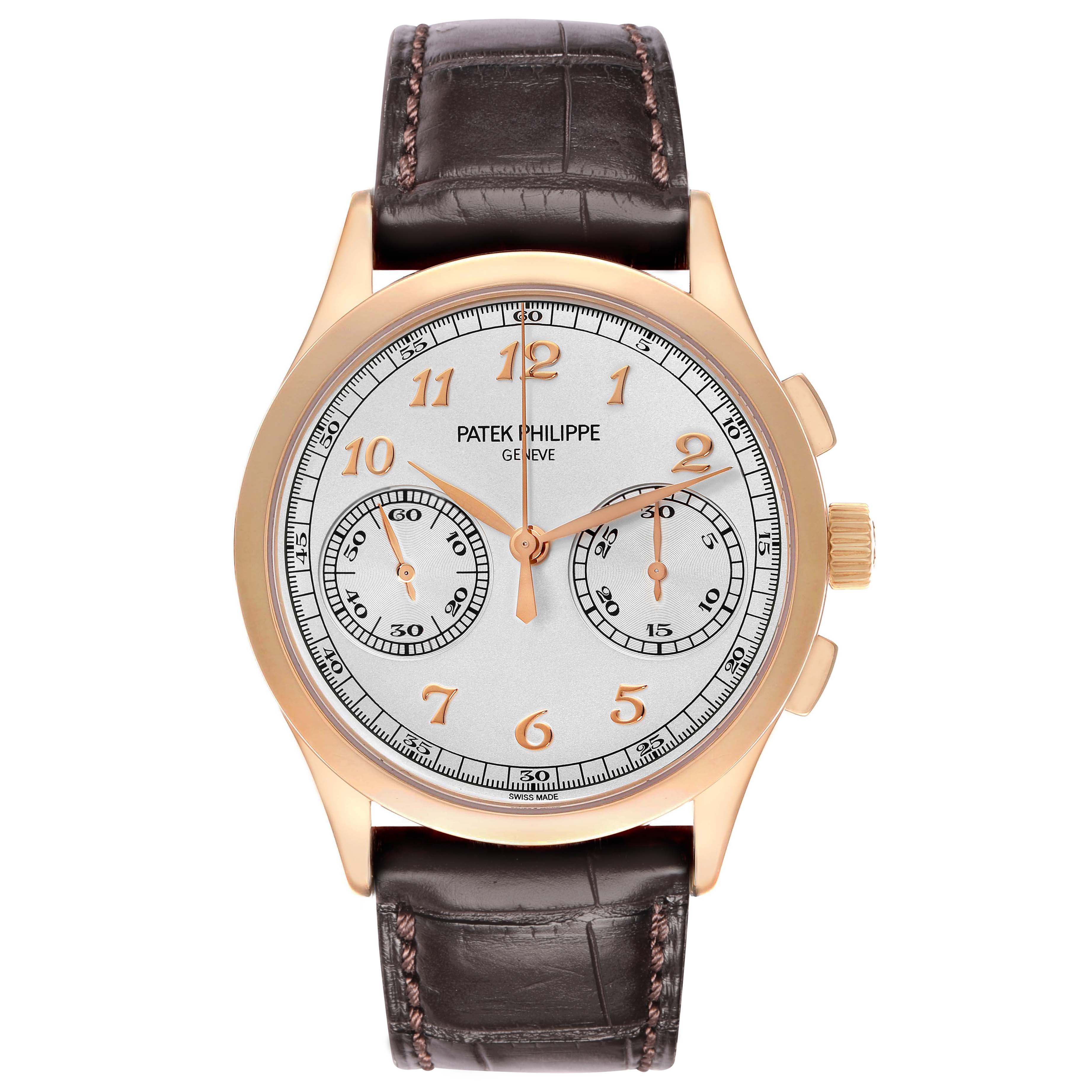 The Patek Philippe Complications 5170R Men
s Rose Gold Silver Dial watch is shown from a front angle, displaying the dial, hands, and strap.