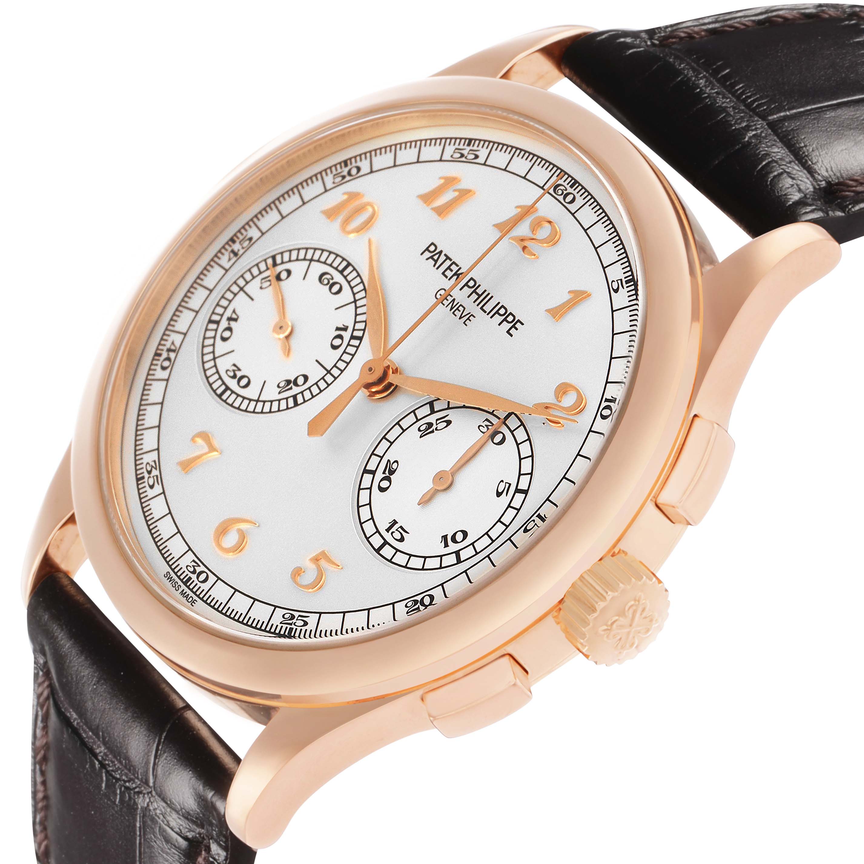 The image shows a Patek Philippe Complications 5170R Men
s Rose Gold Silver Dial watch at a three-quarter angle, highlighting the dial, subdials, bezel, crown, and leather strap.