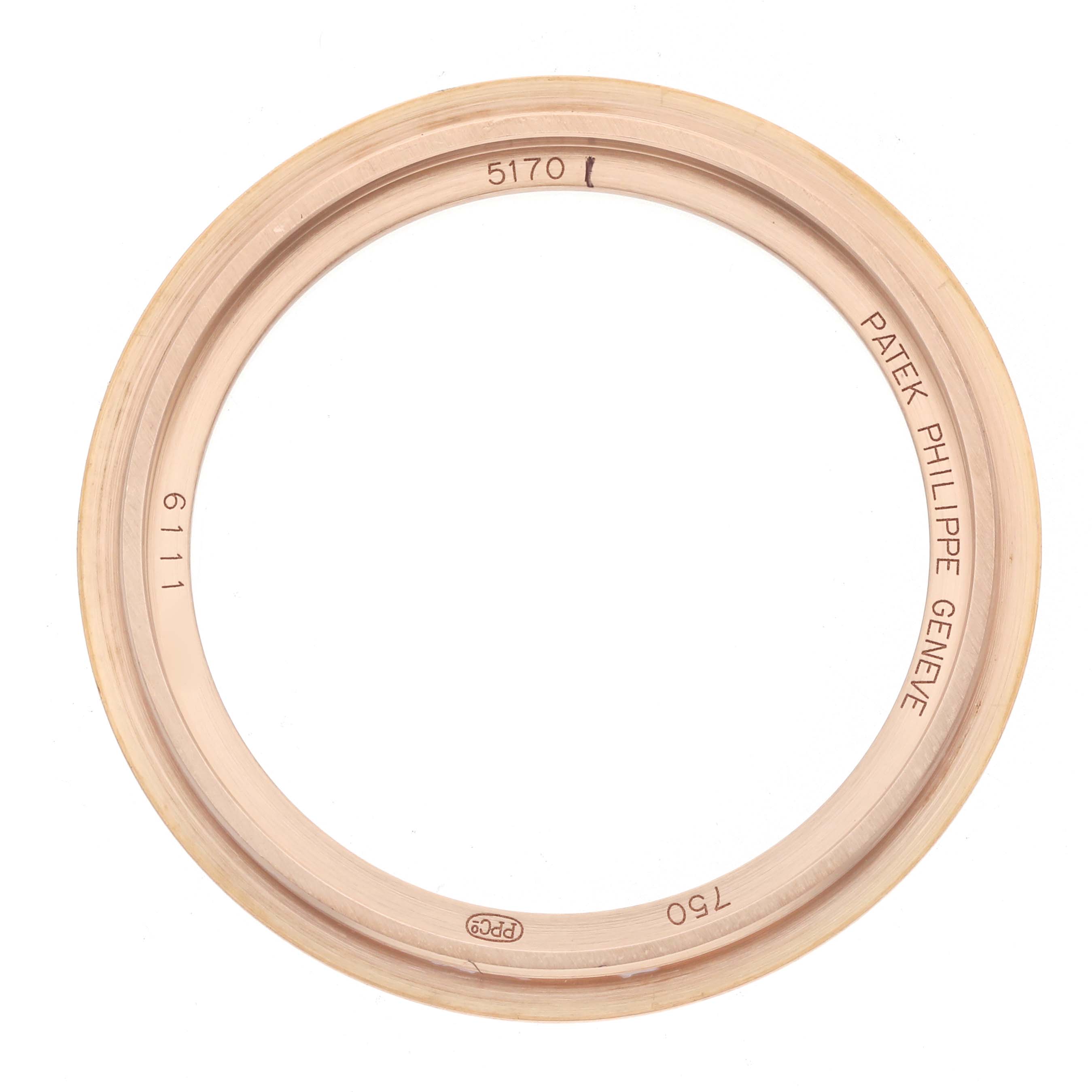 The image shows a top view of the Patek Philippe Complications 5170R Men
s Rose Gold Silver Dial model bezel, displaying details like serial and model numbers.