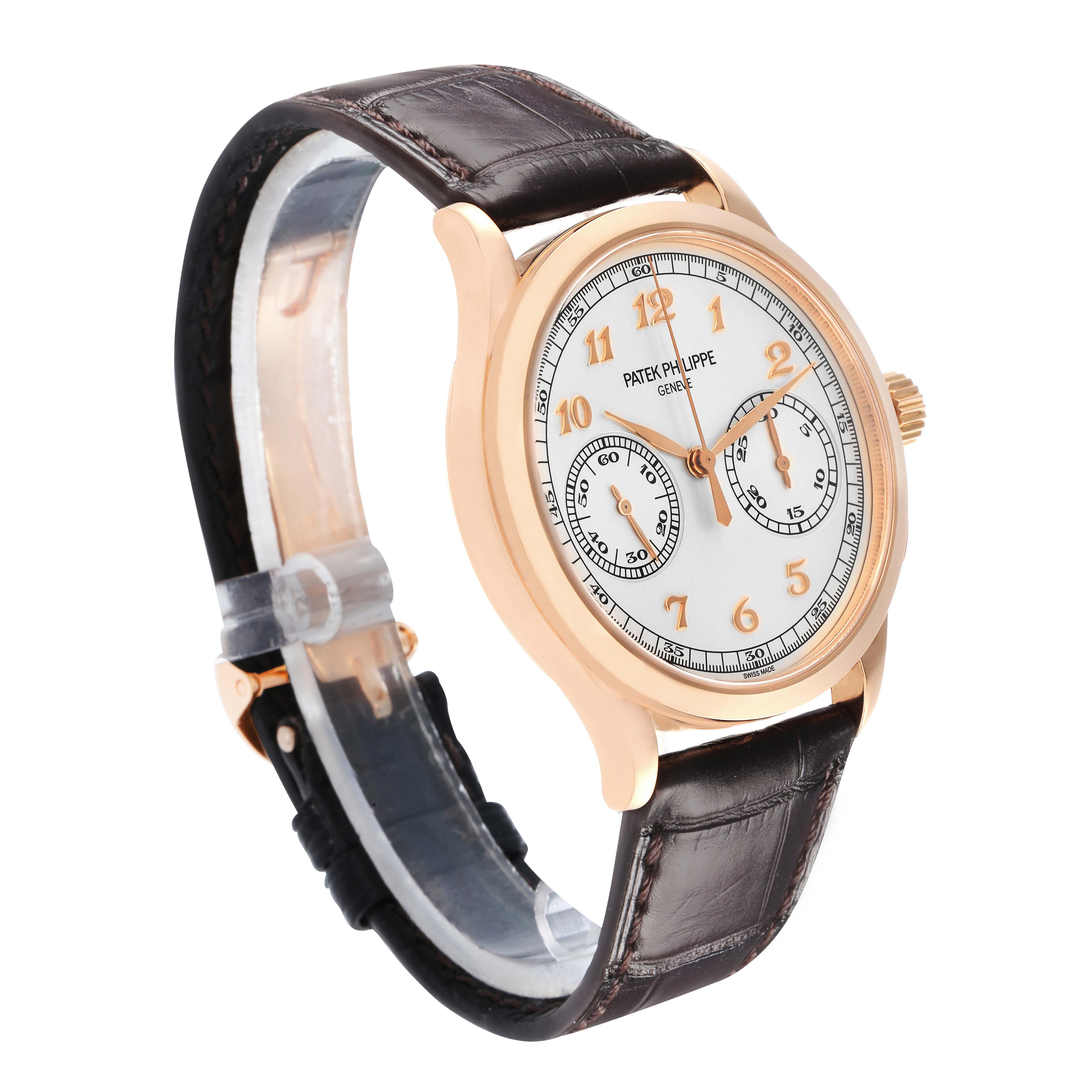 The Patek Philippe Complications 5170R Men
s Rose Gold Silver Dial watch is shown at a 3/4 angle highlighting the face, rose gold case, and leather strap.