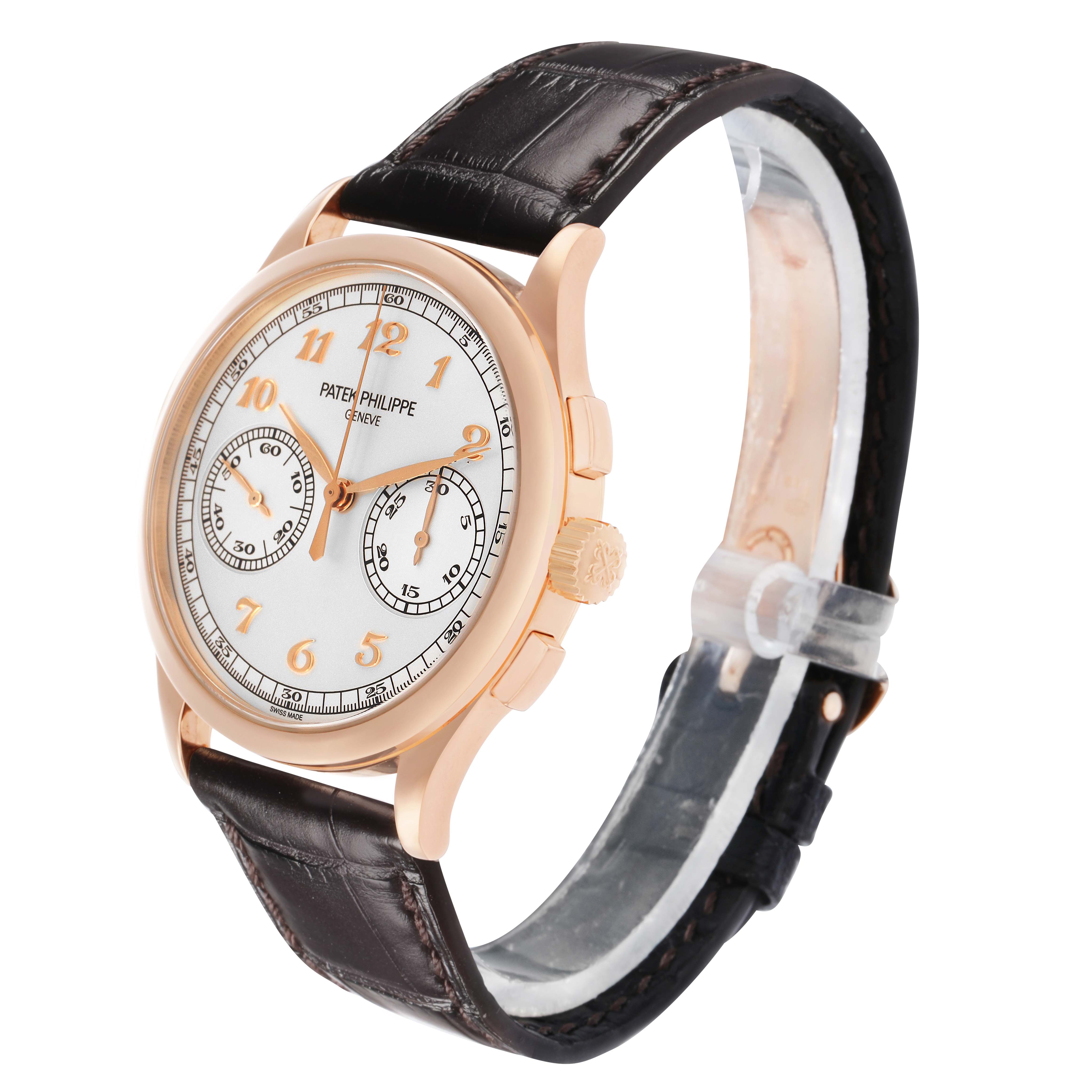 The Patek Philippe Complications 5170R Men
s Rose Gold Silver Dial watch is shown at a three-quarter angle, highlighting the dial, case, and leather strap.
