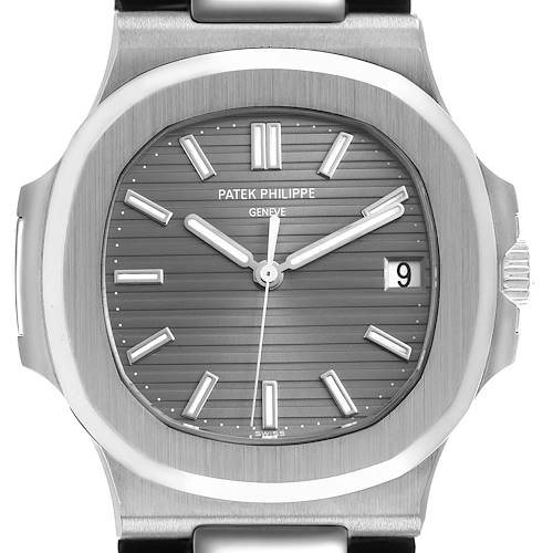 The Patek Philippe Nautilus 5711/1A-001 Men's Stainless Steel Grey Dial watch is shown from the front, highlighting the dial, hands, date, and part of the bezel.